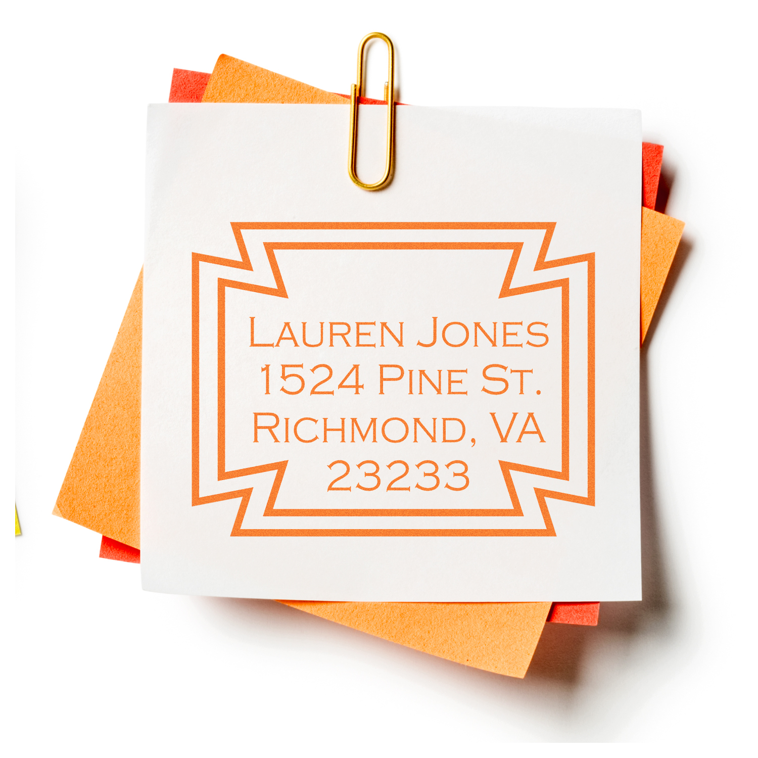 Custom return address rubber stamp with Lauren Jones name and Richmond, VA address on layered note cards.