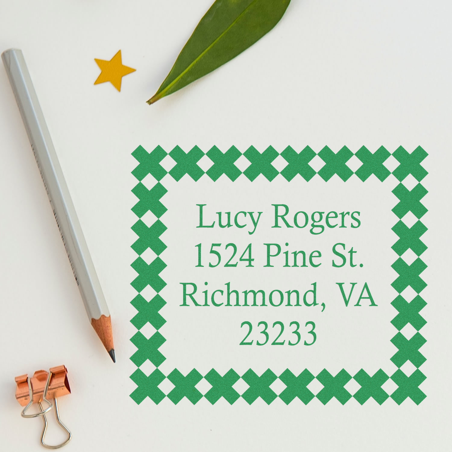 Custom address rubber stamp with decorative green border for Lucy Rogers, 1524 Pine St., Richmond, VA 23233