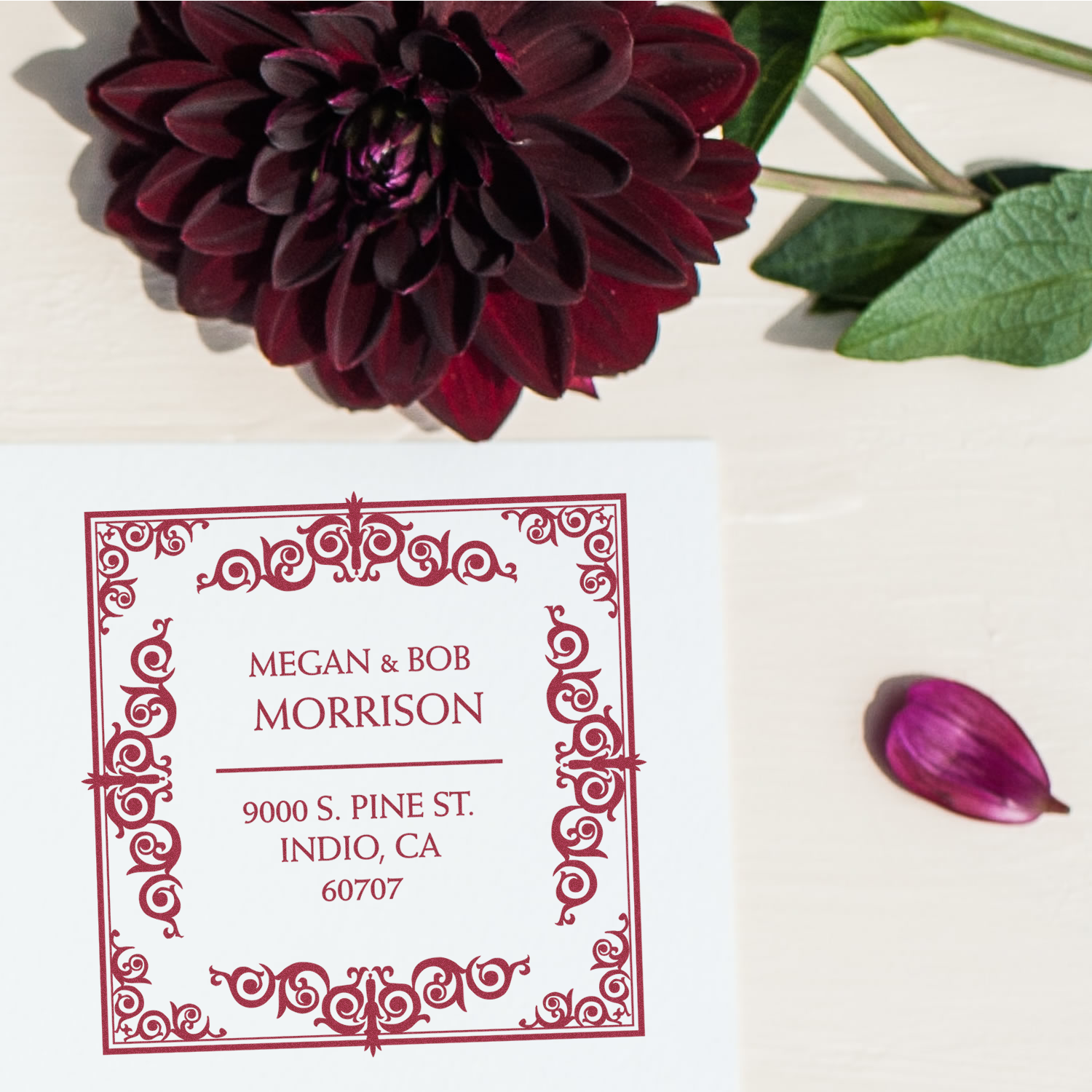 Custom ornate return address rubber stamp design with floral border for wedding invitations and mailing labels