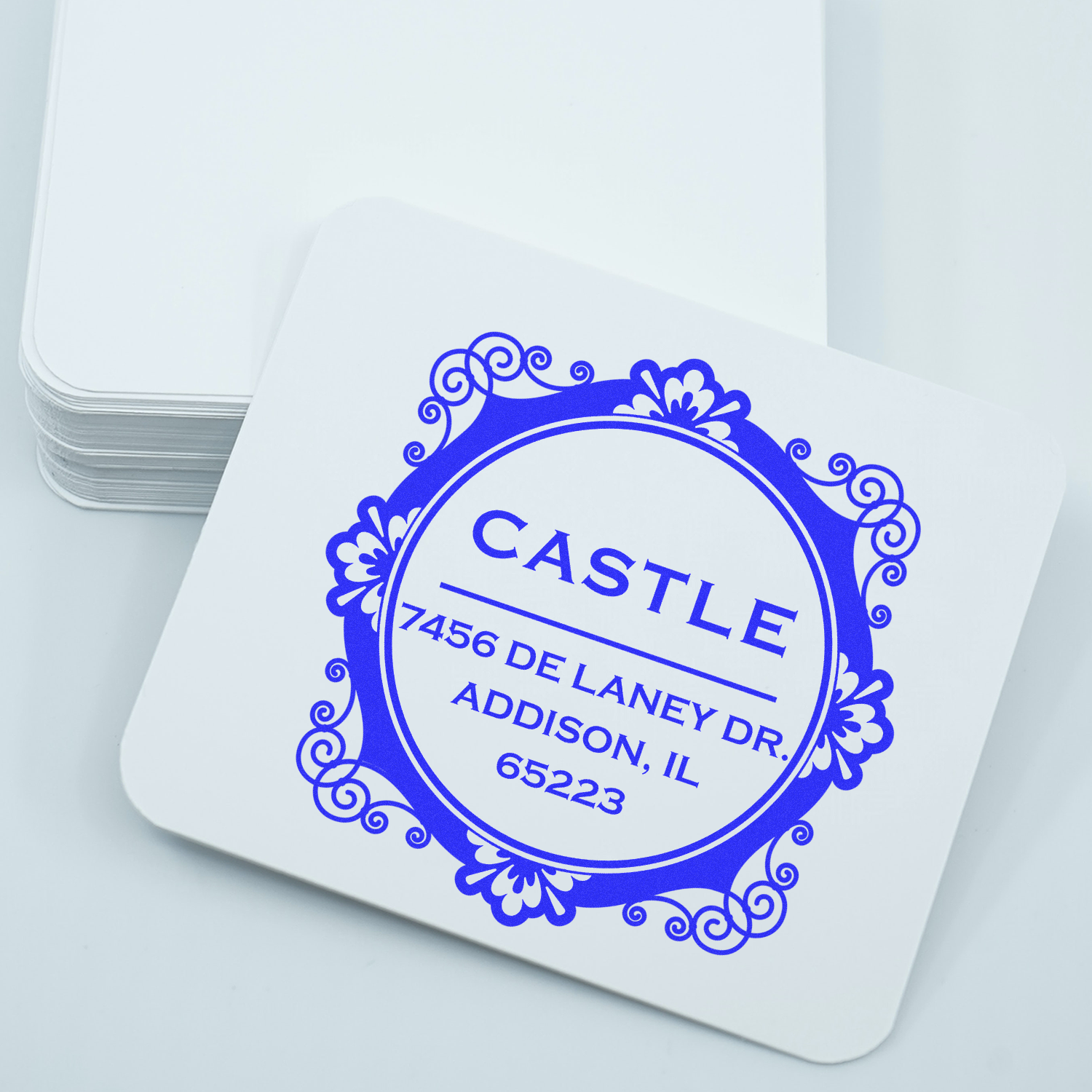 Custom return address rubber stamp with ornate blue castle design for Addison, IL stationery.
