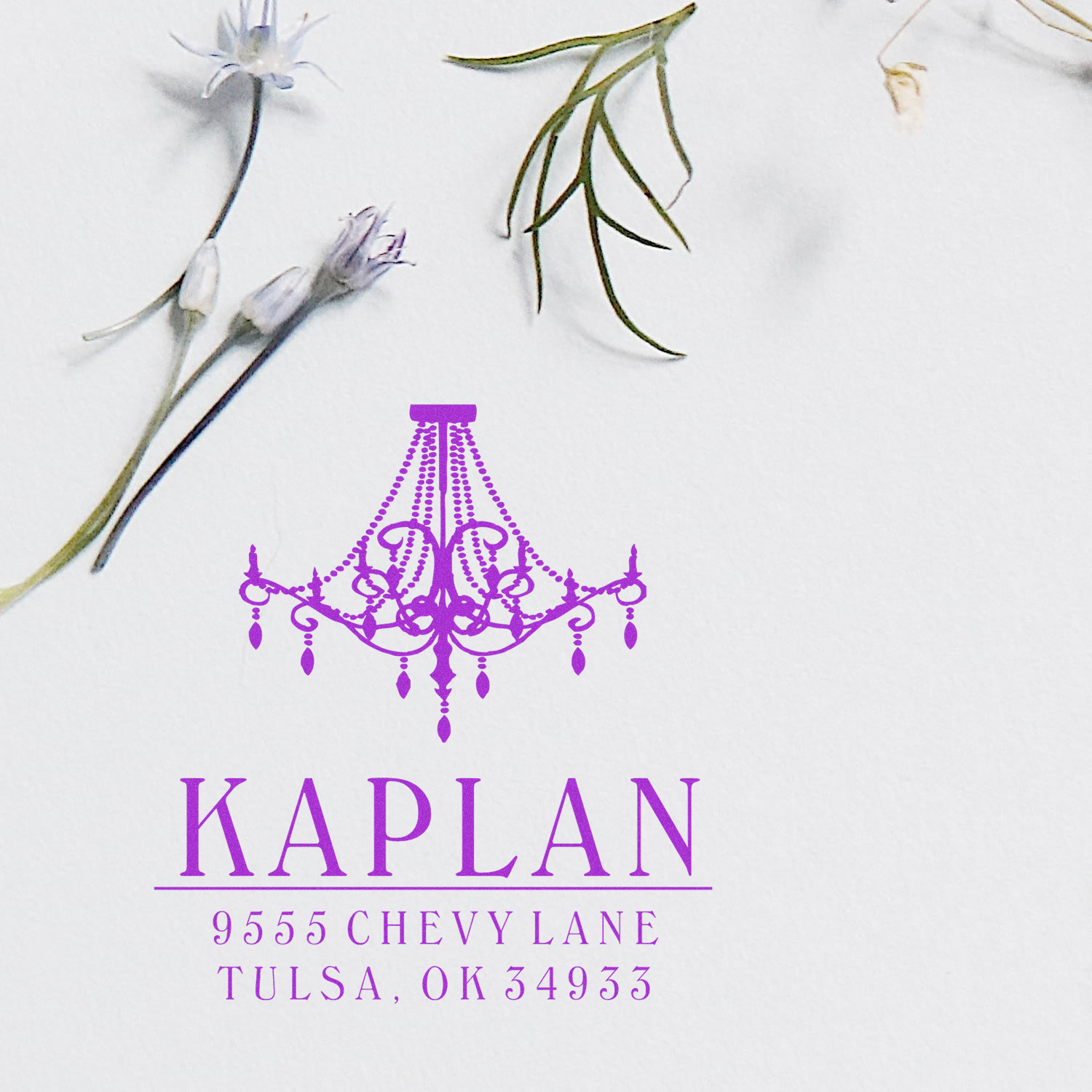 Kaplan logo branding with purple chandelier and birds, plus mailing address 9555 Chevy Lane, Tulsa OK 34933
