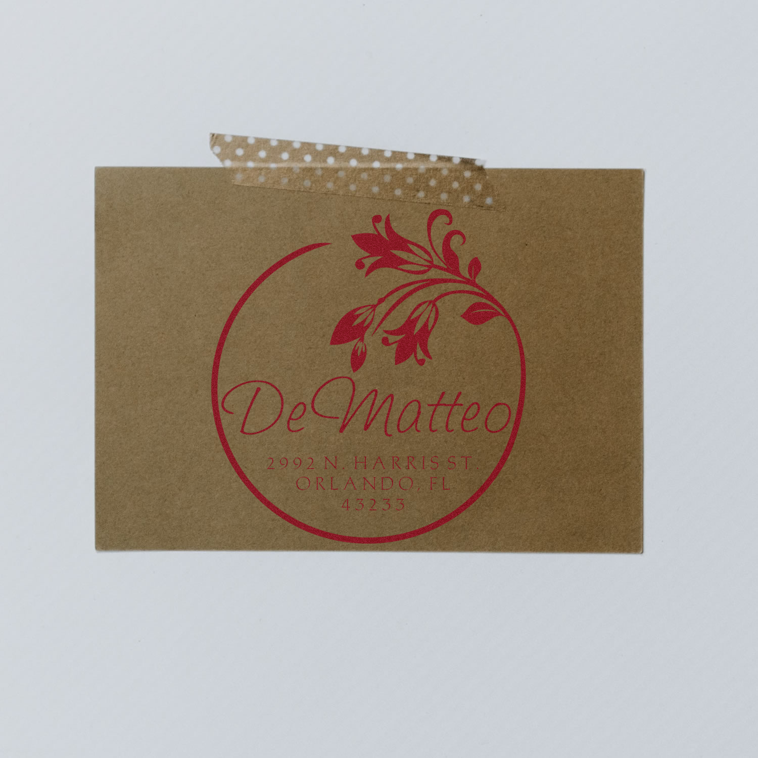 Custom return address rubber stamp with floral monogram for kraft envelopes, personalized DeMatteo wedding stationery.