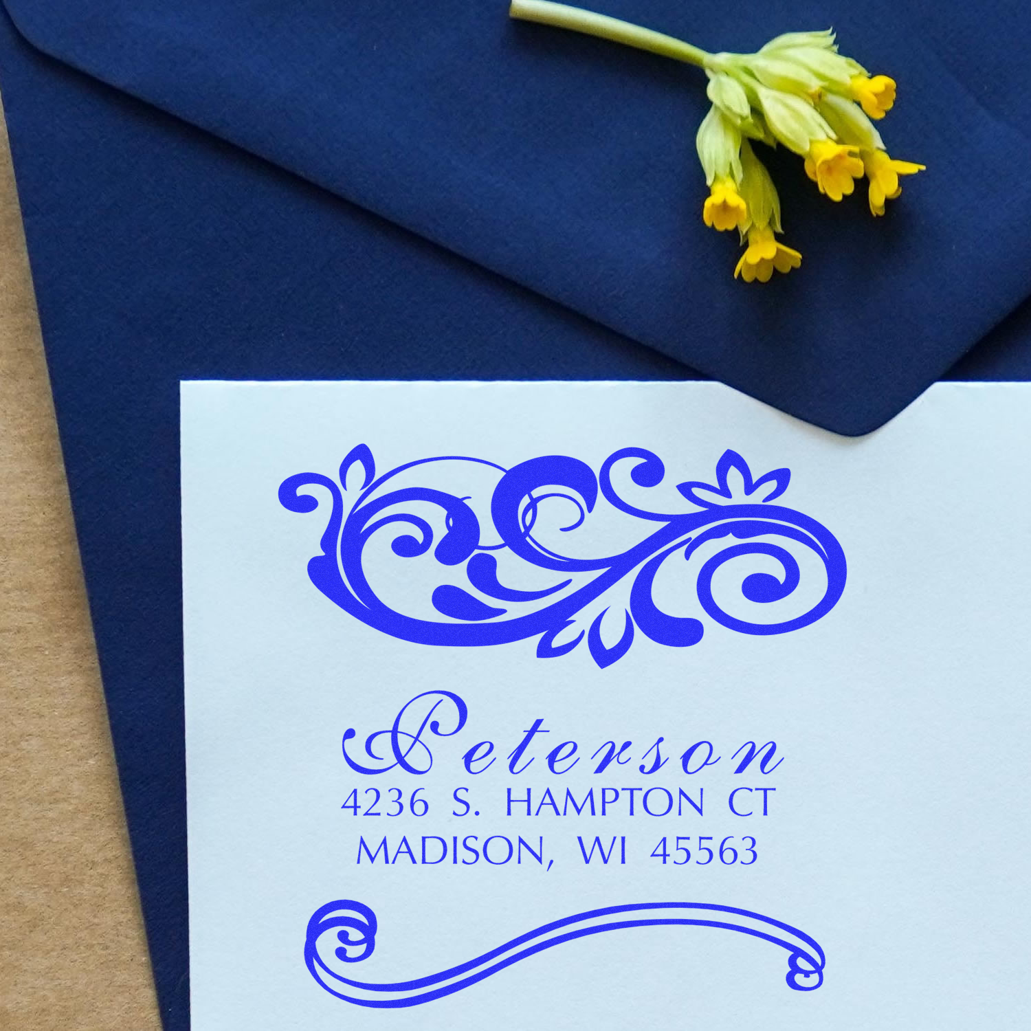 Custom Peterson letterhead and envelope with blue floral design, Madison WI business stationery