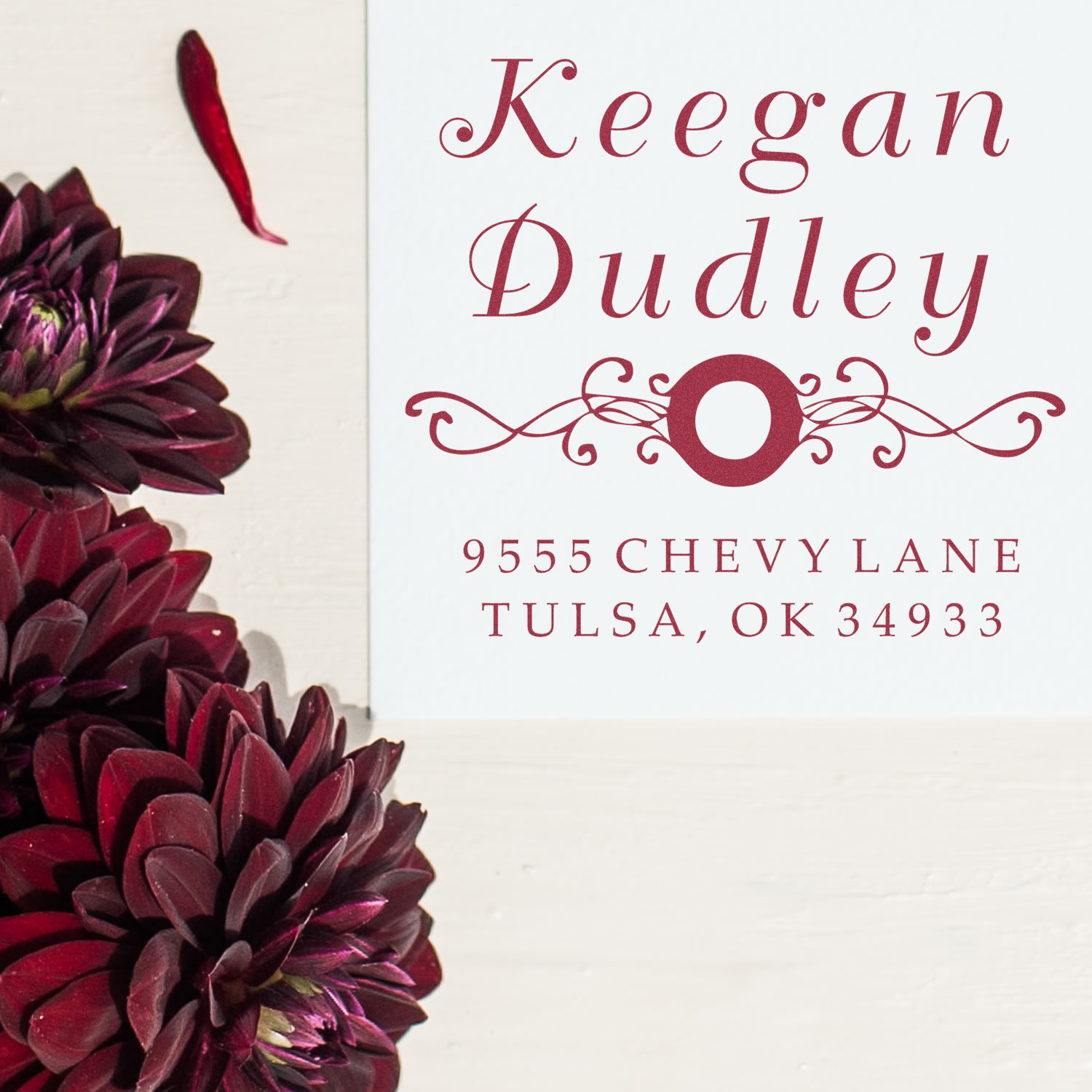 Custom return address rubber stamp design for Keegan Dudley, Tulsa, OK, with elegant monogram.