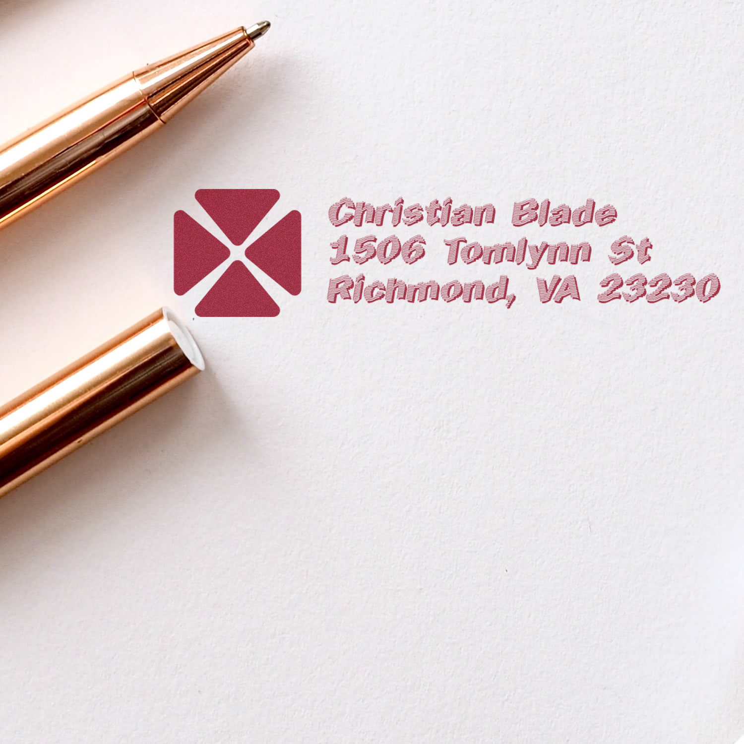 Custom rubber return address stamp for Christian Blade, Richmond, VA, on white paper.