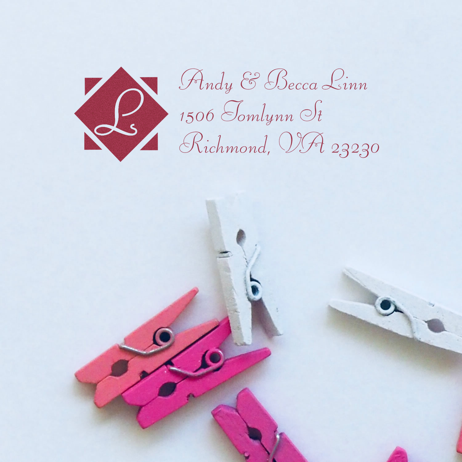 Custom return address rubber stamp with monogram logo for Andy & Becca Linn, Richmond, VA 23230.