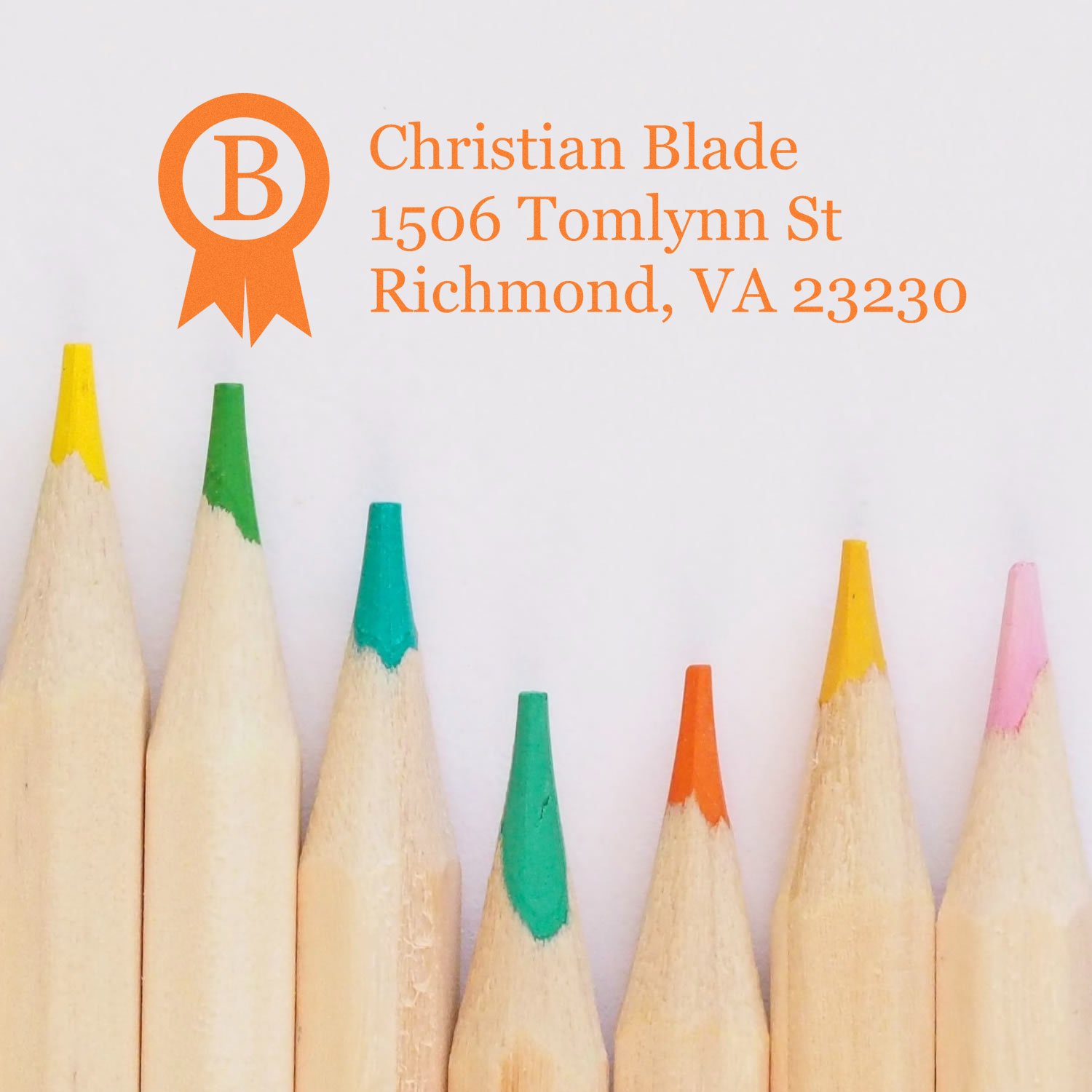 Custom return address rubber stamp for Christian Blade, Richmond, VA 23230 with monogram logo design.