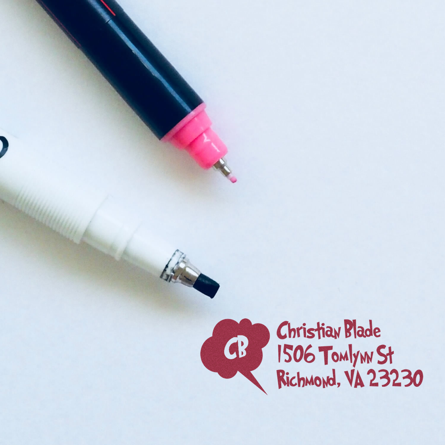 Custom rubber address stamp with logo for Christian Blade, 1506 Tomlyn St, Richmond, VA 23230.