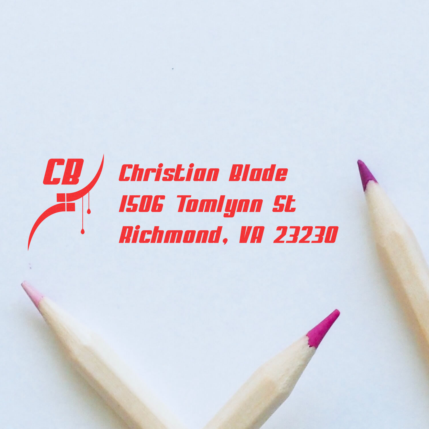 Personalized custom rubber stamp with Christian Blade logo and Richmond, VA 23230 address details.