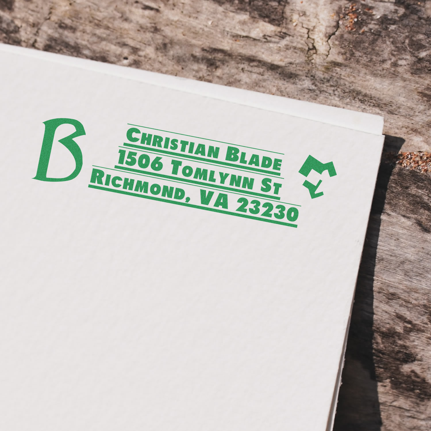 Custom return address rubber stamp imprint on envelope for Christian Blade, Richmond, VA 23230.