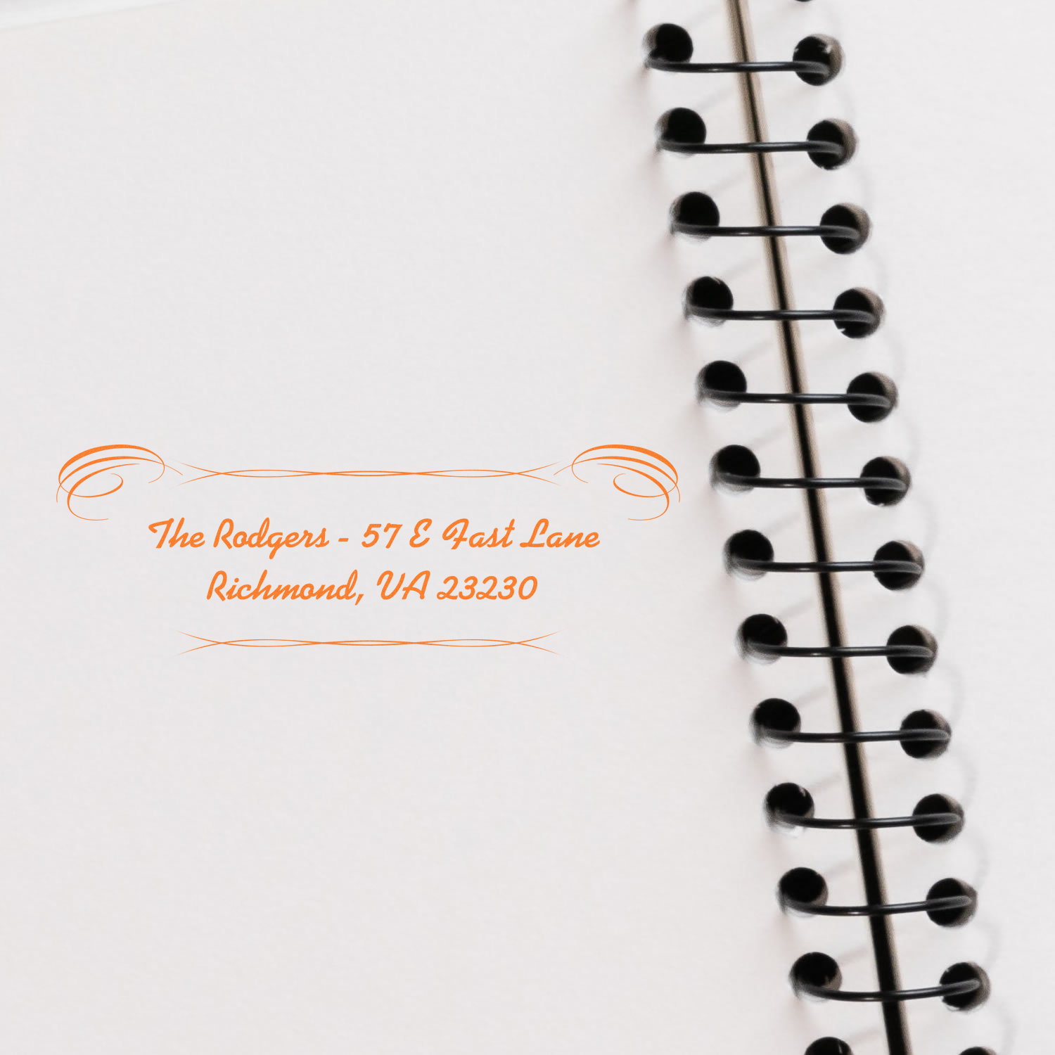 Custom return address rubber stamp for The Rodgers, 57 East Lane, Richmond, VA 23230, displayed on a notebook page.