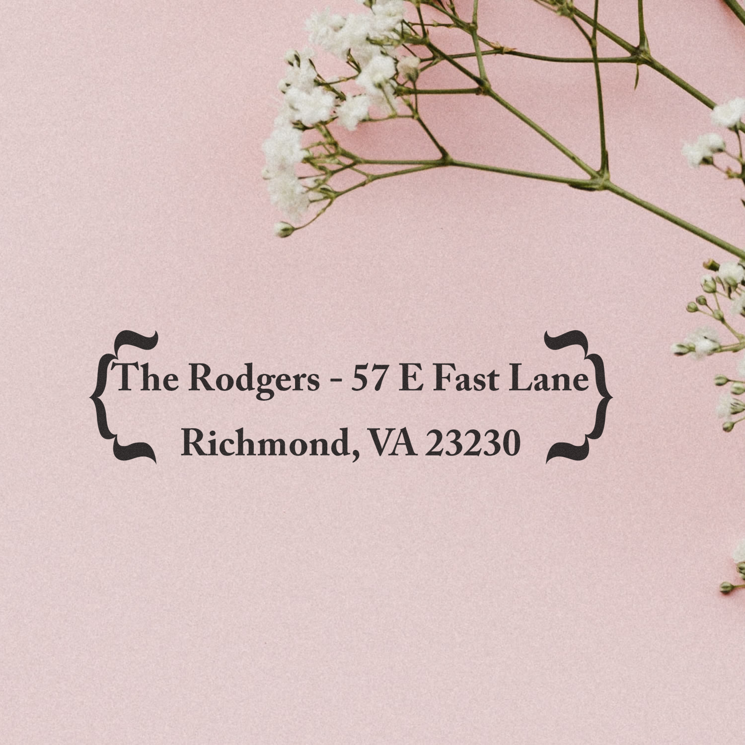 Custom return address rubber stamp for The Rodgers, Richmond, VA 23230, with decorative brackets for stationery and envelopes.