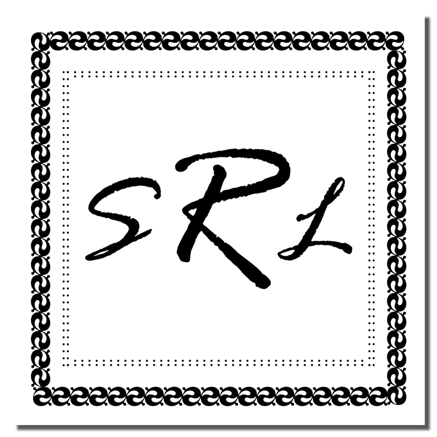 Custom monogram rubber stamp design with decorative border and initials SRL for personalized stationery or branding.