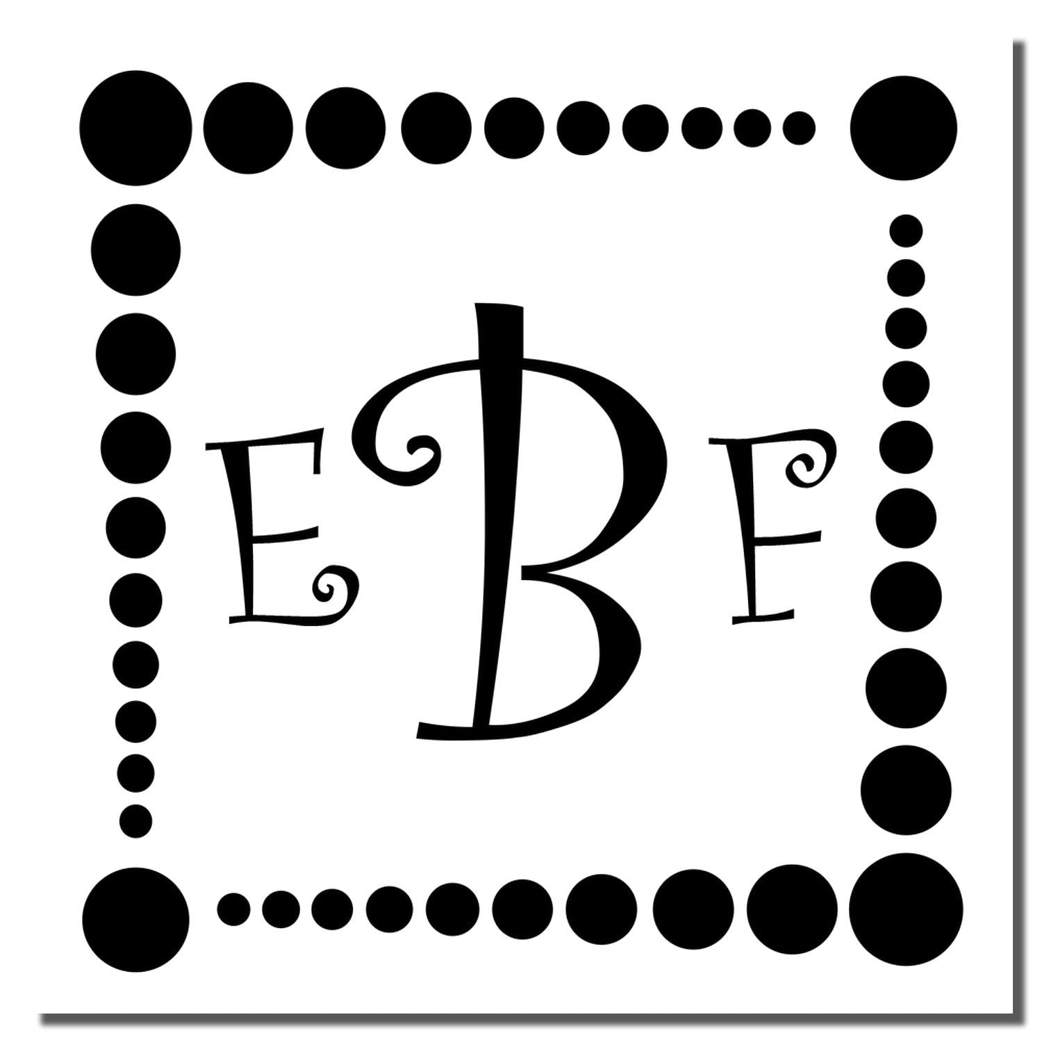 Decorative EBE monogram rubber stamp design with dotted square border, ideal for custom stationery, branding, and personalized gifts.