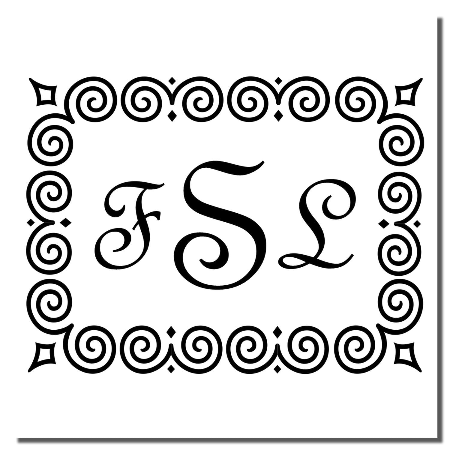 Ornate monogram rubber stamp design with swirled border and stylized F S L initials.