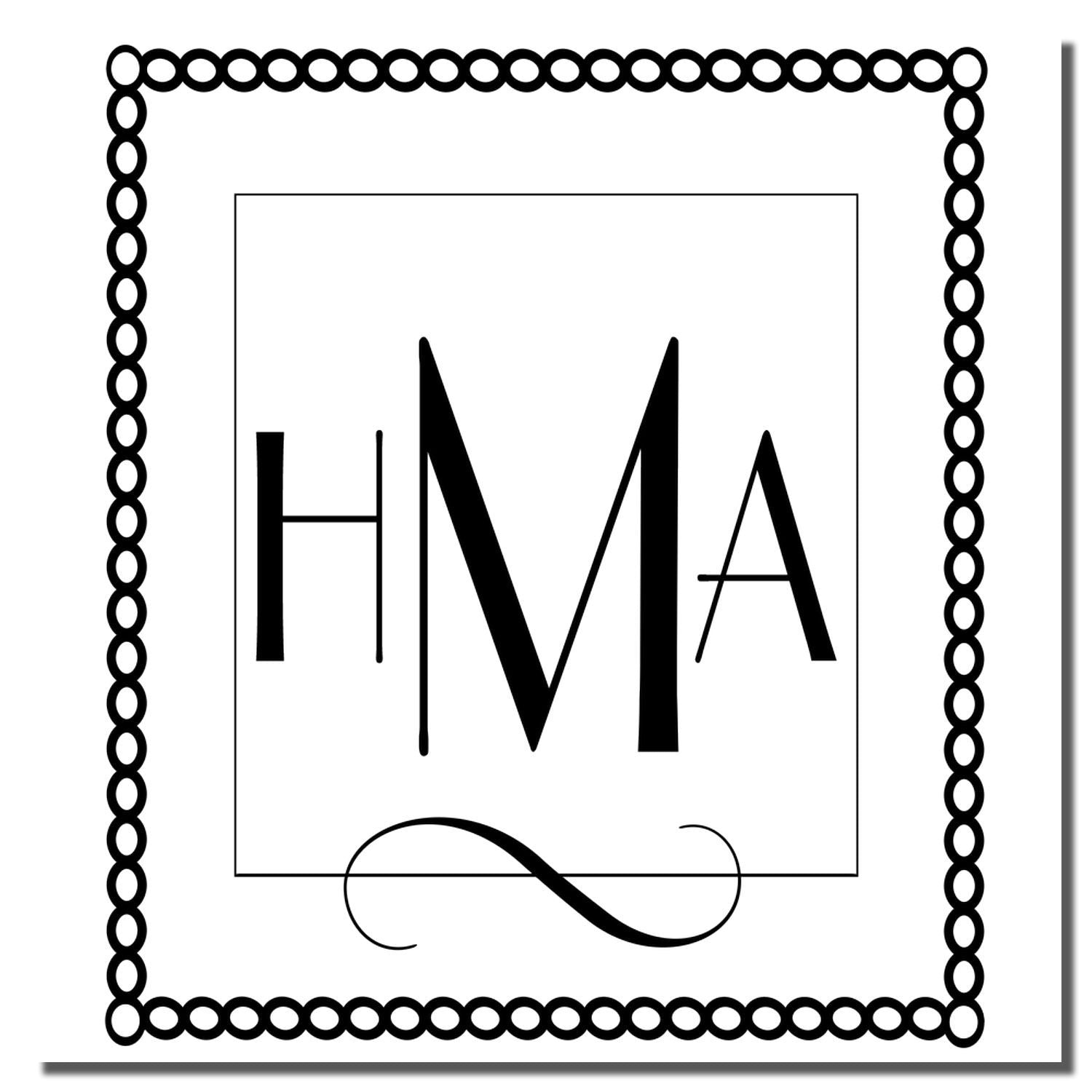 HMA monogram rubber stamp design with decorative beaded border for personalized stationery, gifts, and wedding branding.