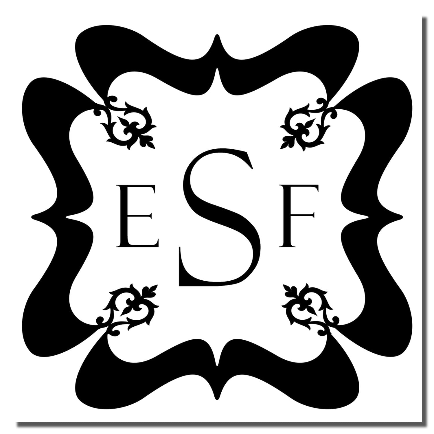 Ornate ESF monogram rubber stamp design with decorative black floral frame for custom stationery, branding, and invitations.