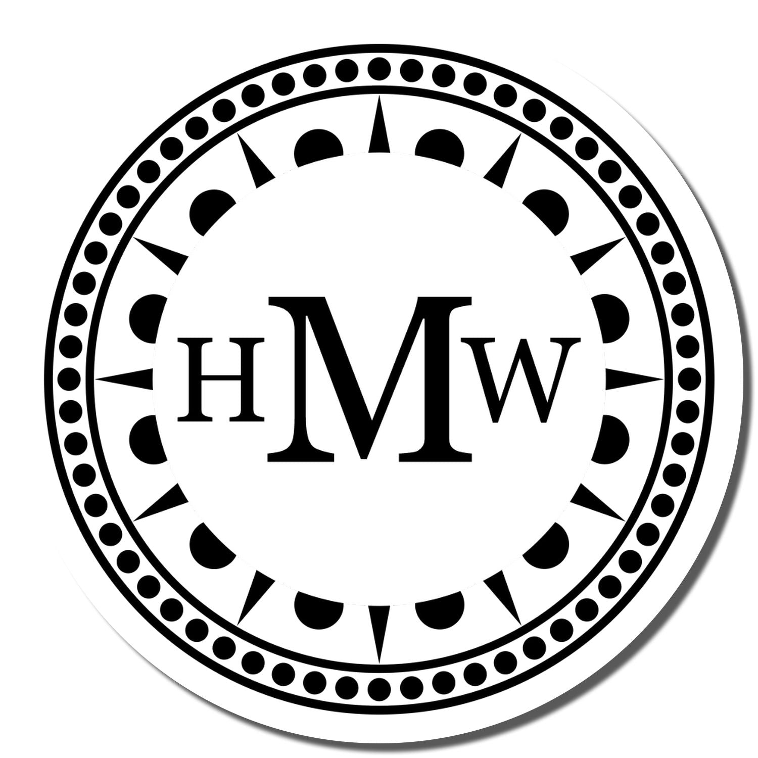 Custom HMW monogram rubber stamp design with circular decorative border for branding, crafts, and packaging.