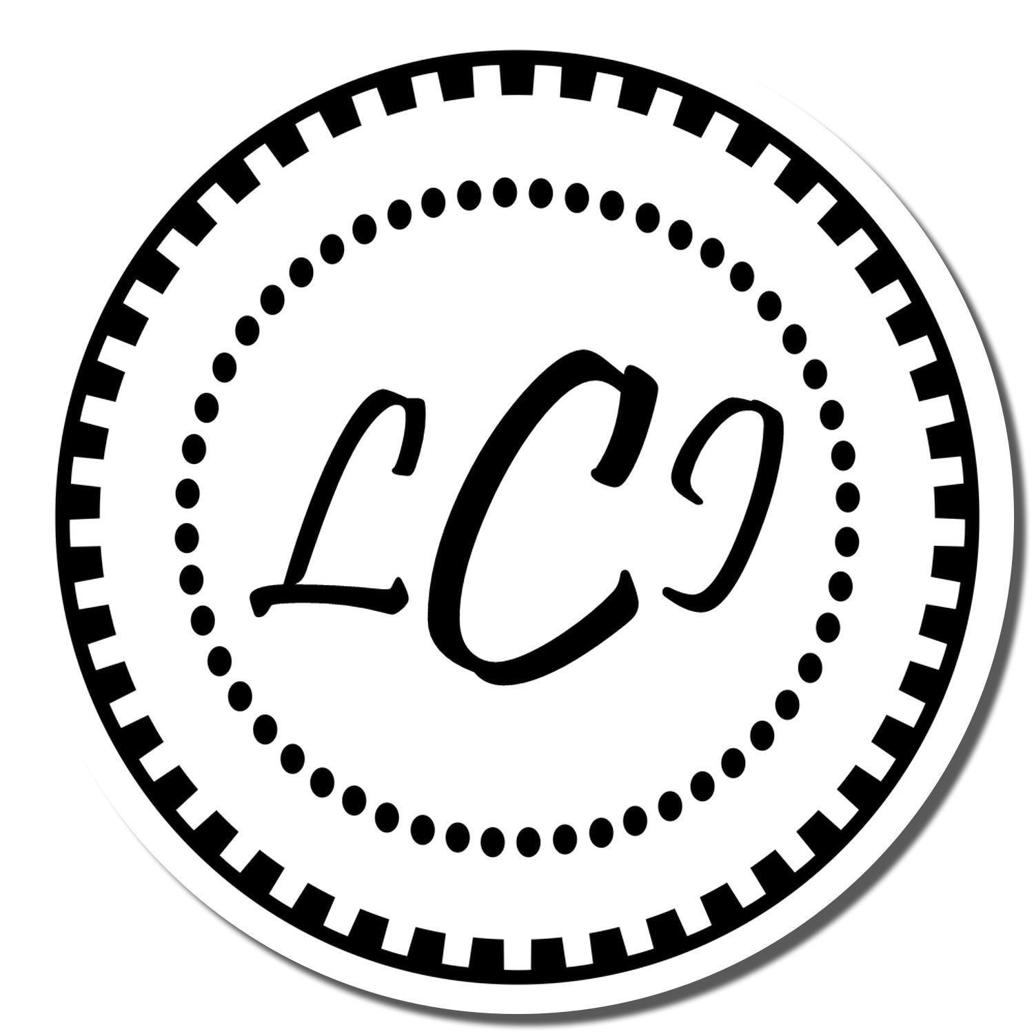 Circular LCp monogram rubber stamp design with dotted inner border and gear-style outer edge, black and white.