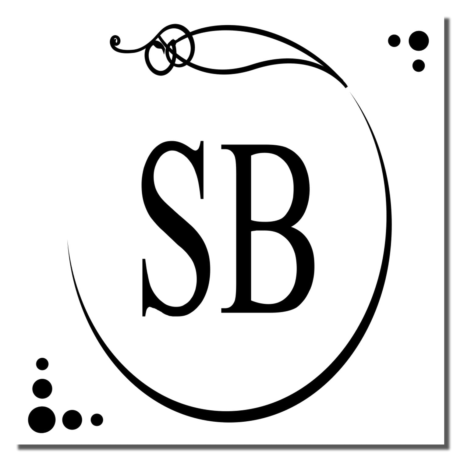 Custom SB monogram rubber stamp with decorative oval frame and corner dots for personalized branding