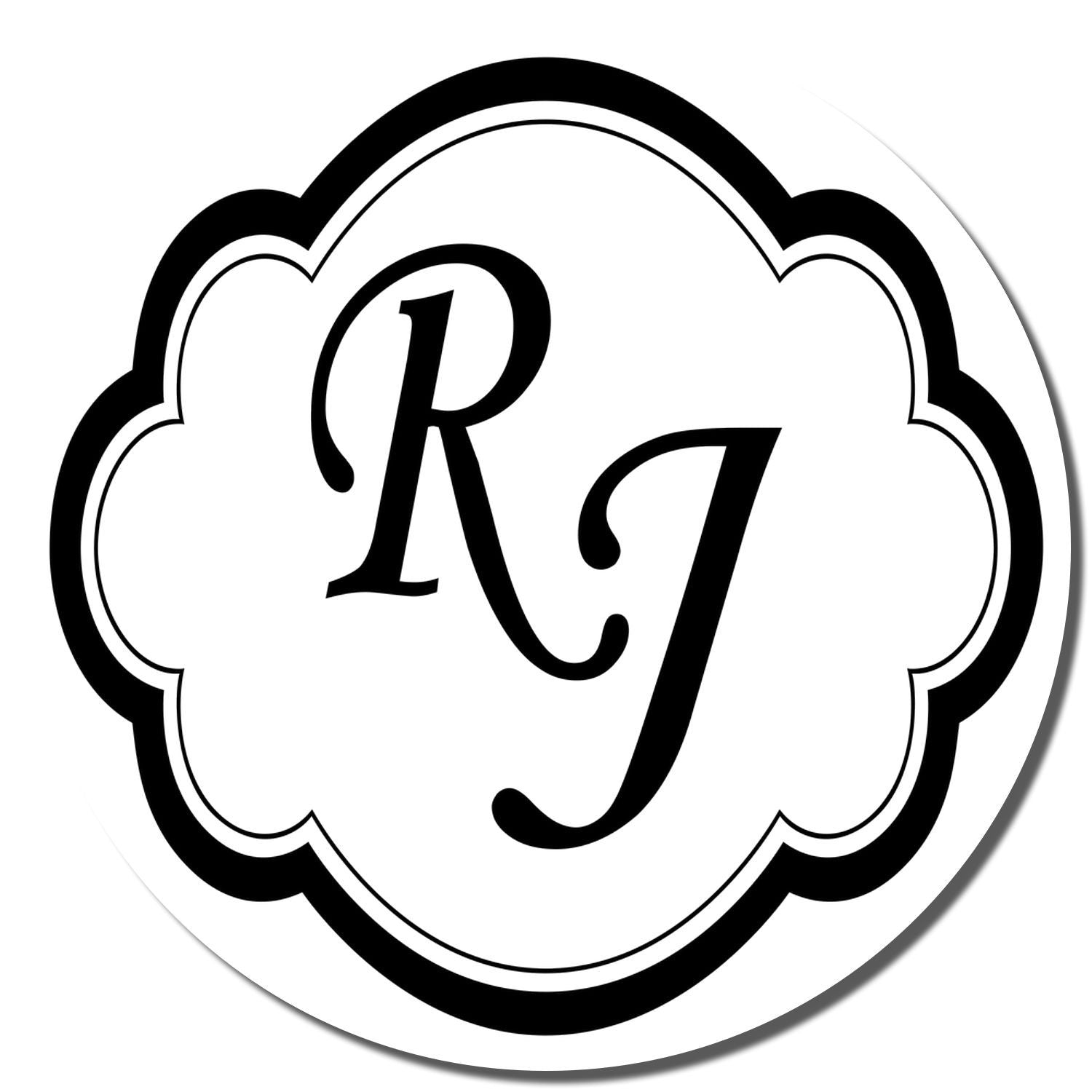 Custom RQ monogram rubber stamp with scalloped oval frame for wedding, business, or personalized branding.