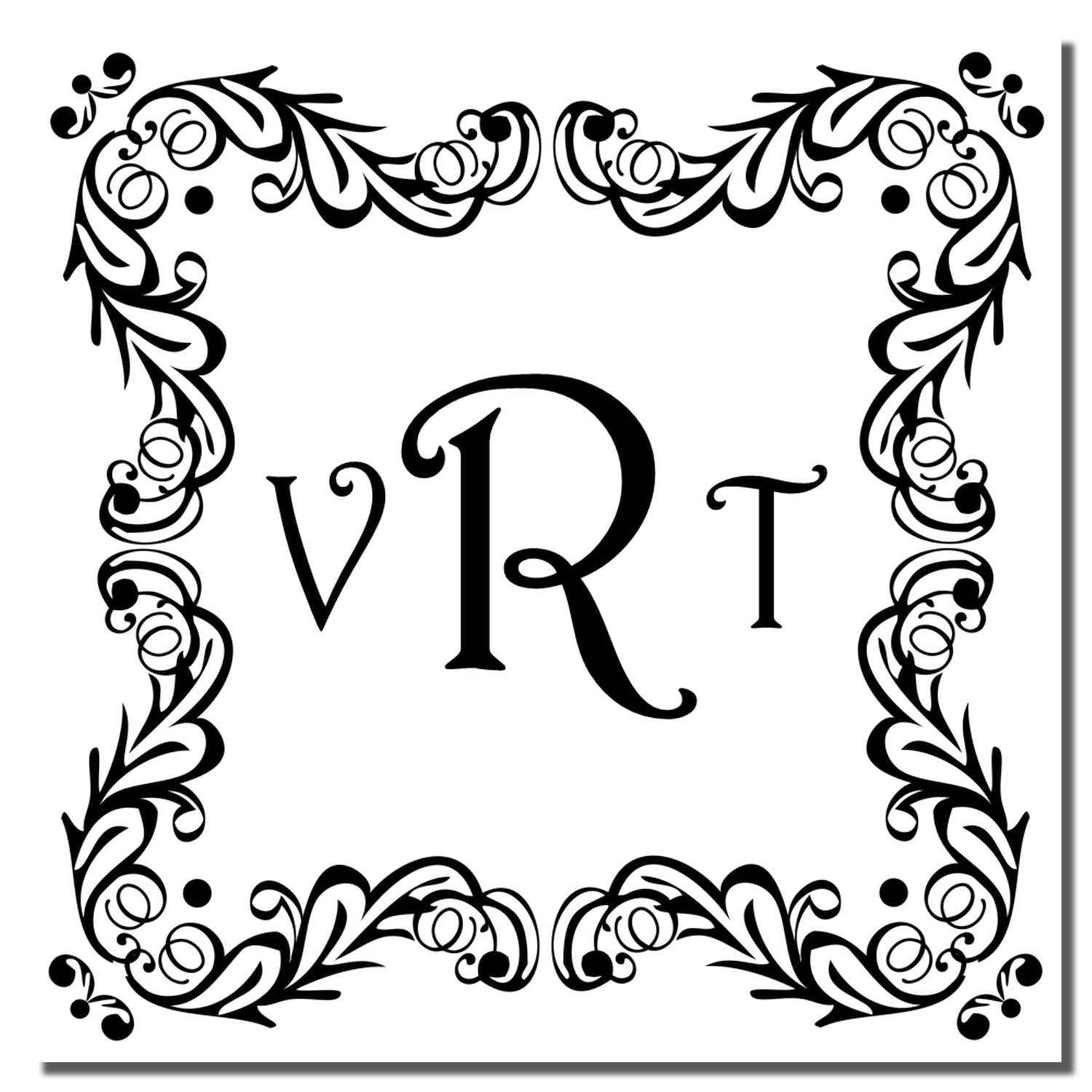Ornate floral monogram rubber stamp design with VRT letters inside a decorative square frame.