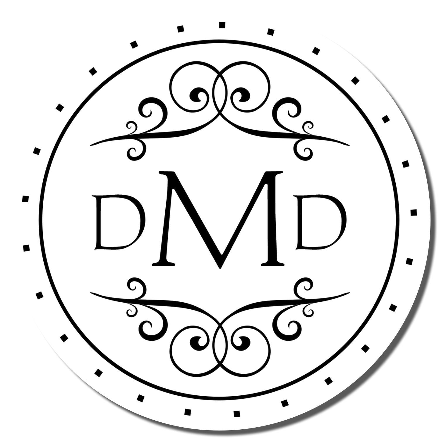 Decorative DMD monogram rubber stamp design with ornate flourishes and circular border for custom stationery and branding