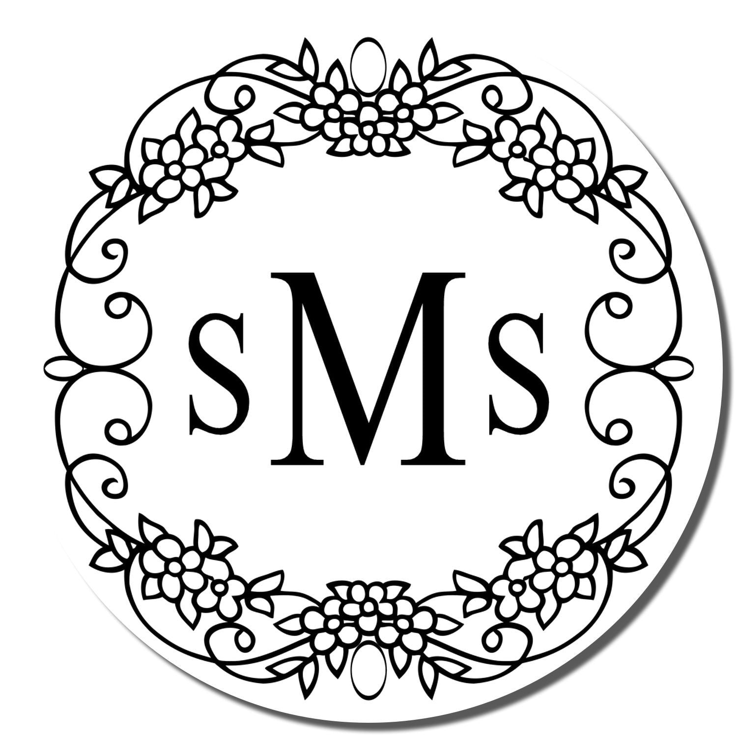 Personalized floral monogram rubber stamp with ornate circular frame and initials SMS.