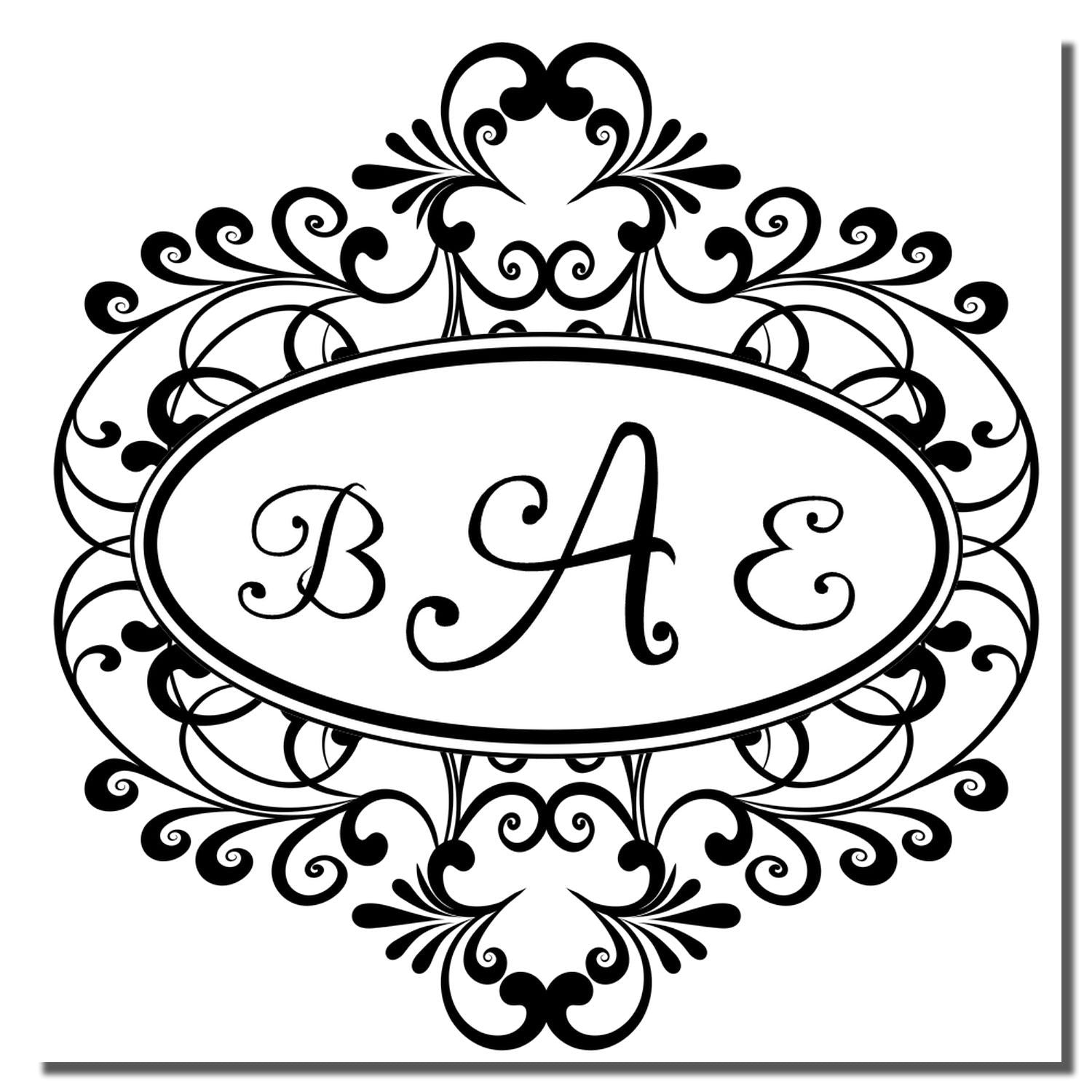 Ornate BAE monogram rubber stamp design with floral scroll frame