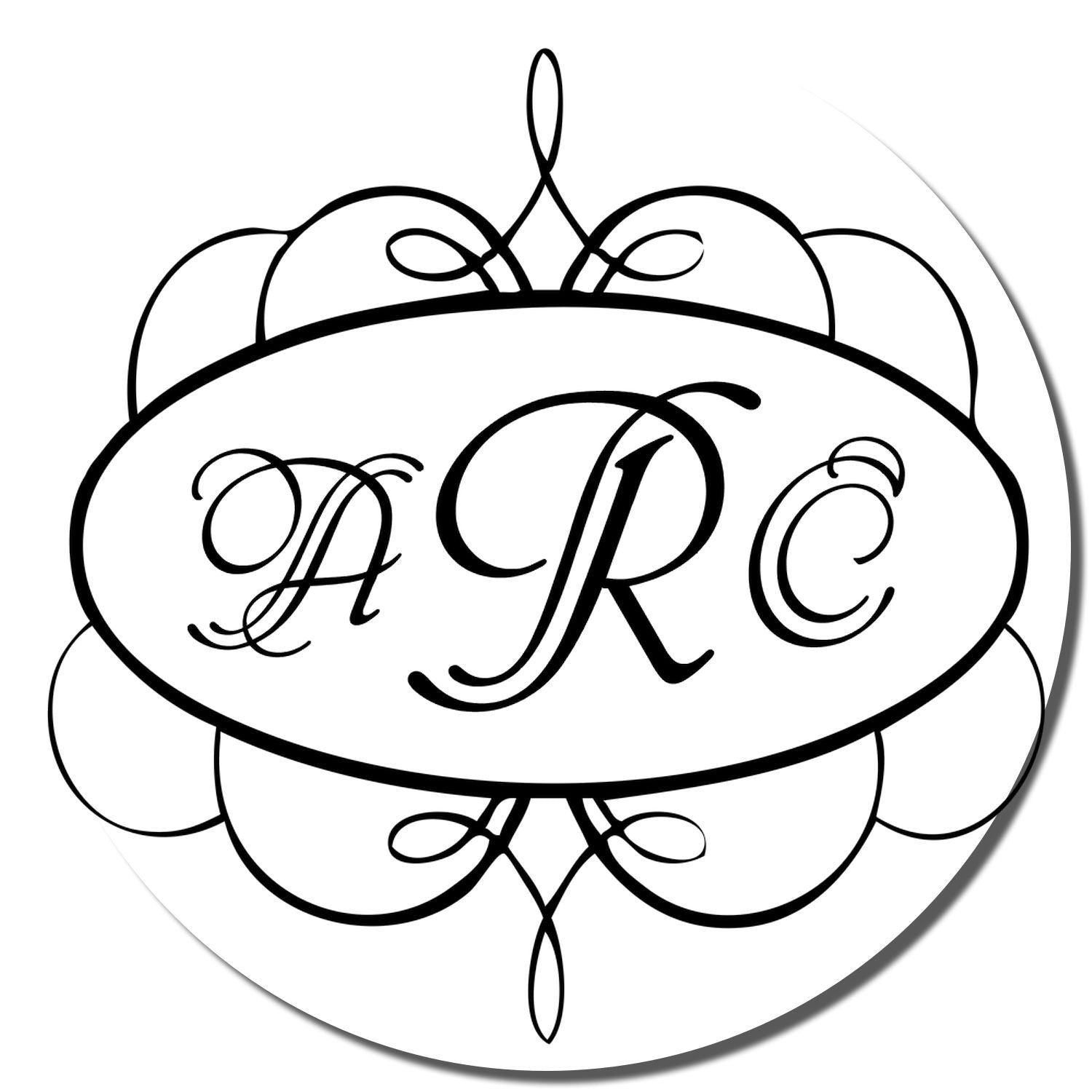Custom monogram rubber stamp with ornate ARC initials in a decorative oval floral frame.