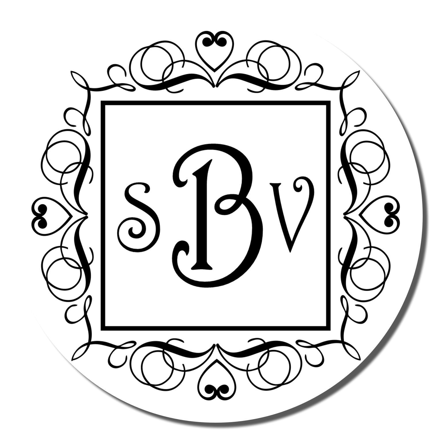 Custom rubber stamp with ornate S D V monogram and floral frame for personalized stationery or wedding favors