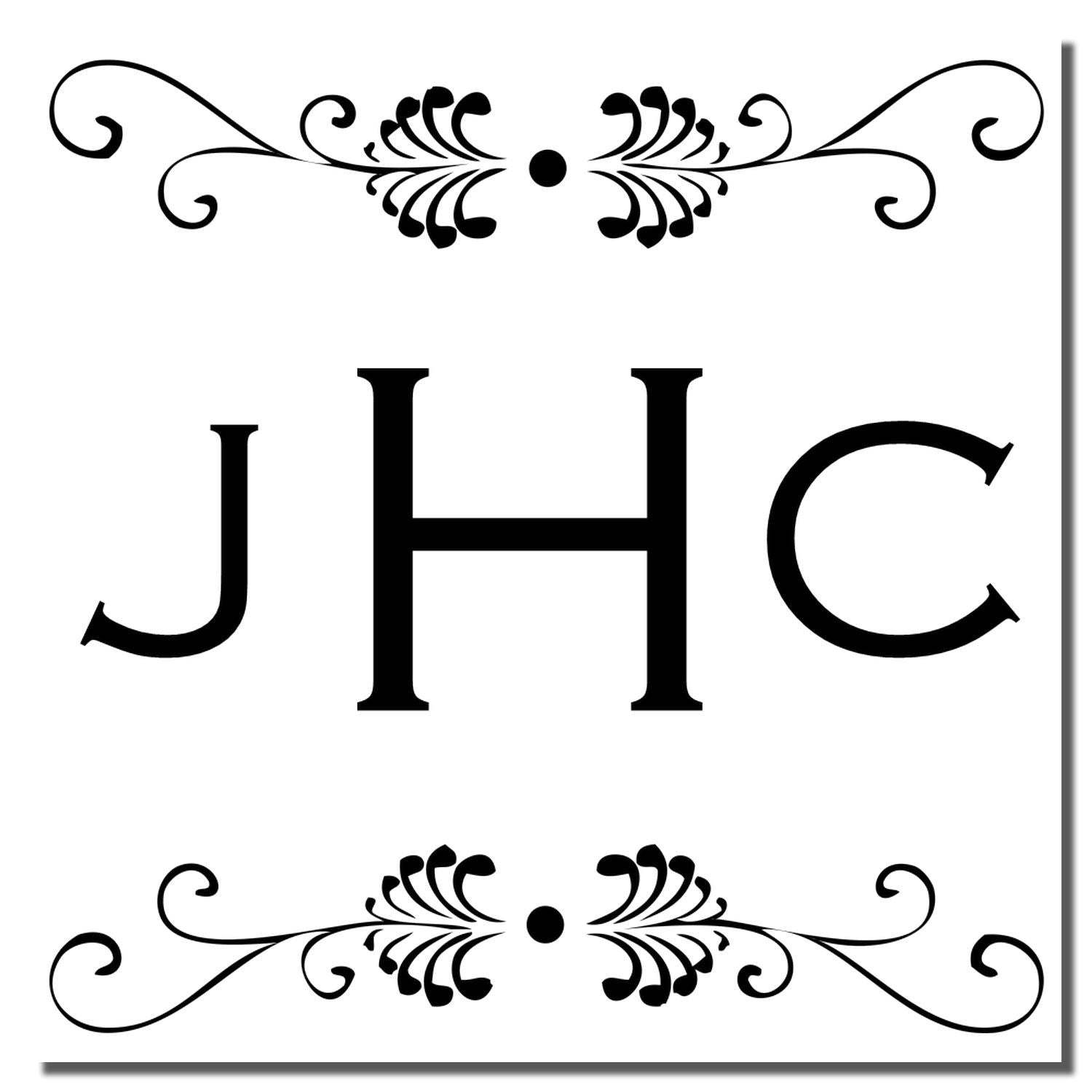 JHC monogram custom rubber stamp with elegant decorative flourishes for personalized wedding invitations or branding.