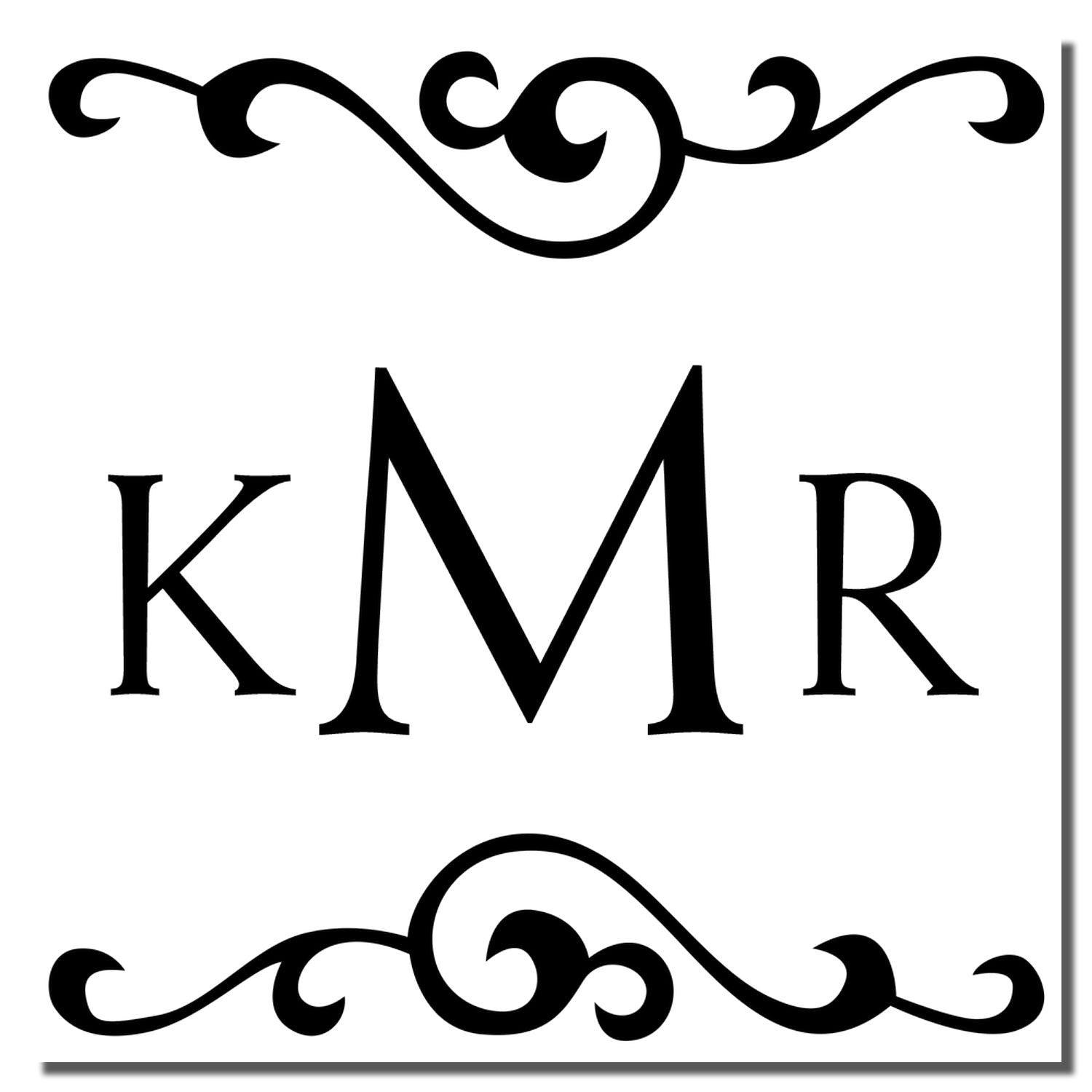 Ornate KMR monogram rubber stamp design with decorative flourishes for custom personalized stationery.