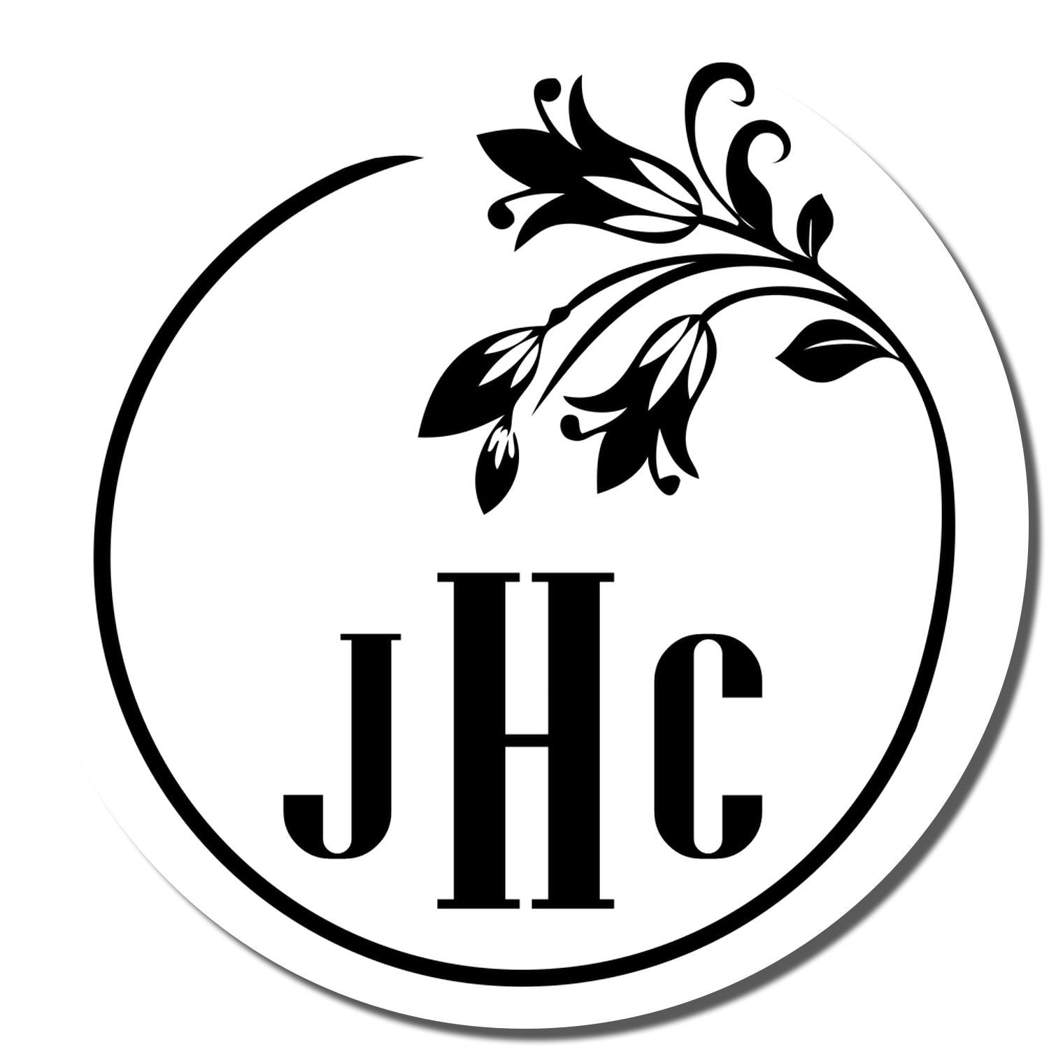Personalized monogram rubber stamp with floral circle design and initials JHC for custom branding.