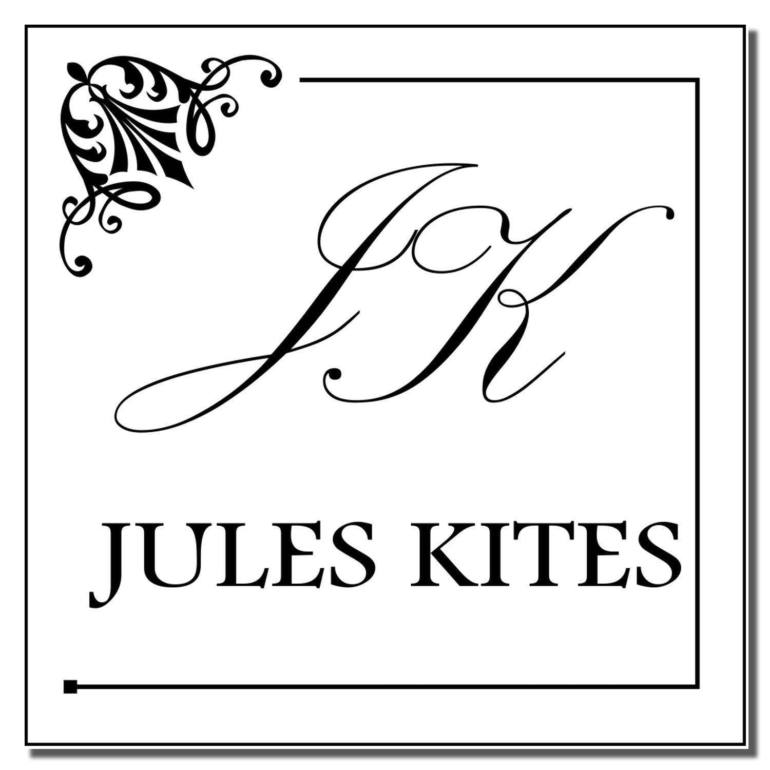 Custom Jules Kites monogram rubber stamp with elegant script initials, ornate corner flourish, and bold name text.