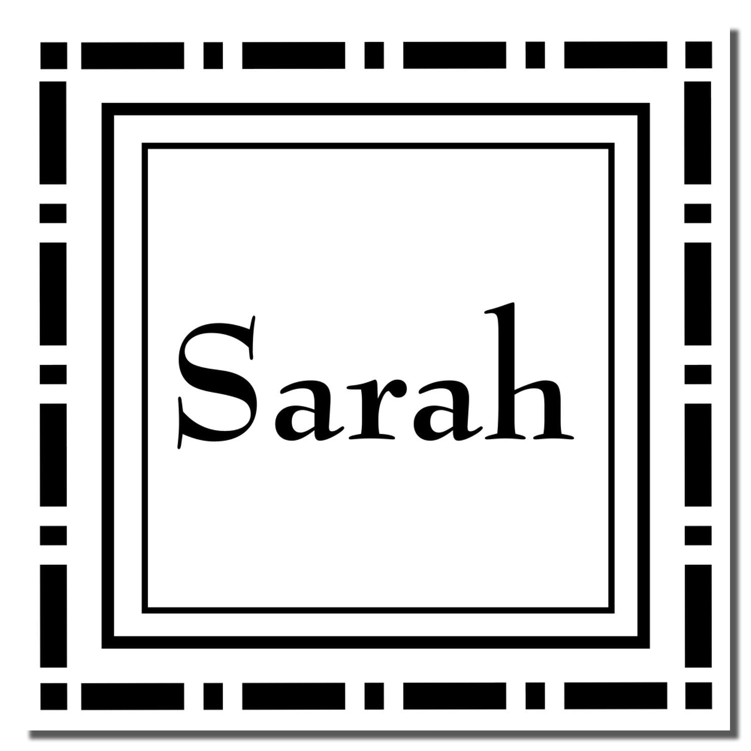 Custom rubber stamp with name Sarah and decorative square border for personalized stationery, crafts, and labeling.