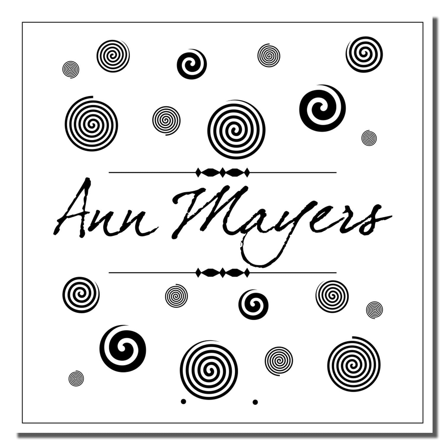 Custom Ann Mayers rubber stamp with decorative spiral border and elegant script for personalized branding and crafts.