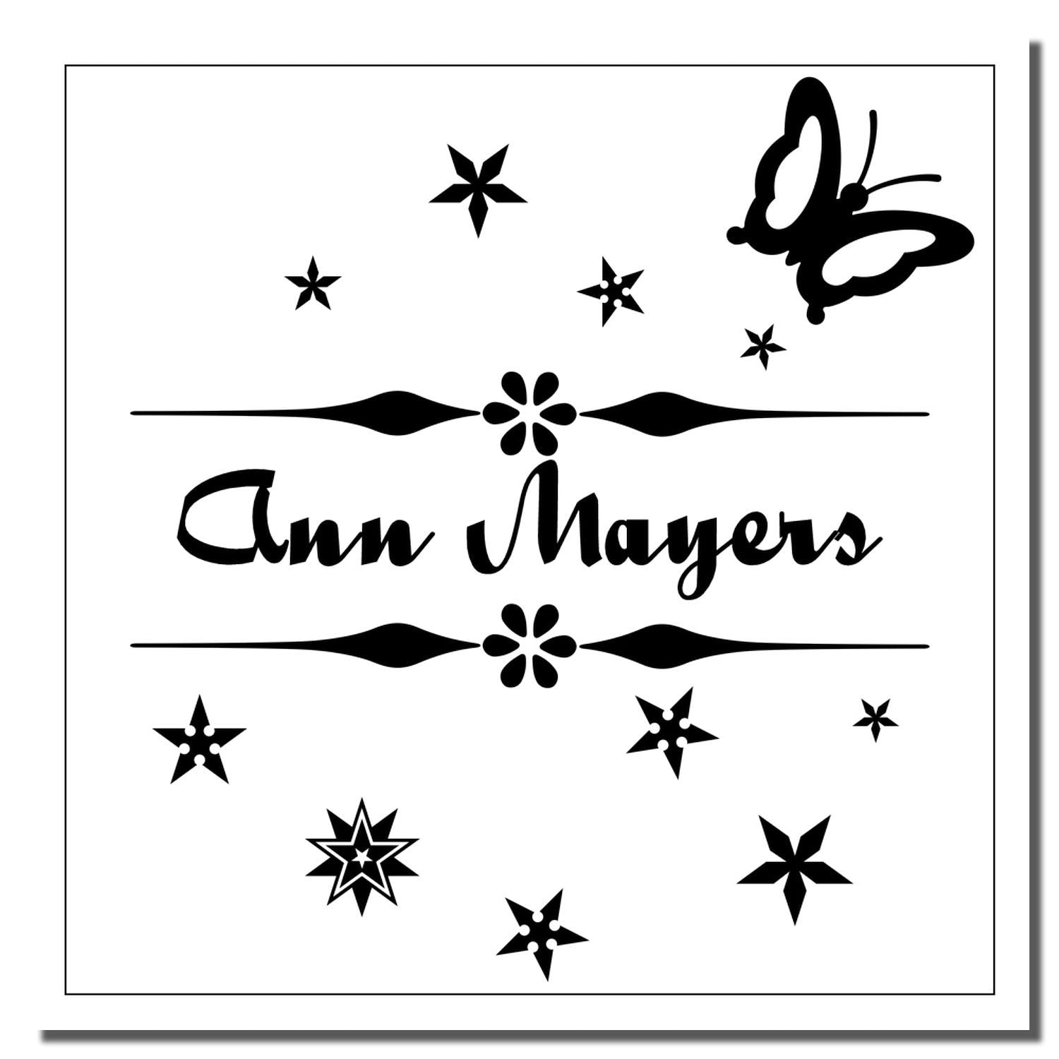Custom Ann Mayers rubber stamp design with butterfly, stars and floral accents for personalized crafts and packaging.