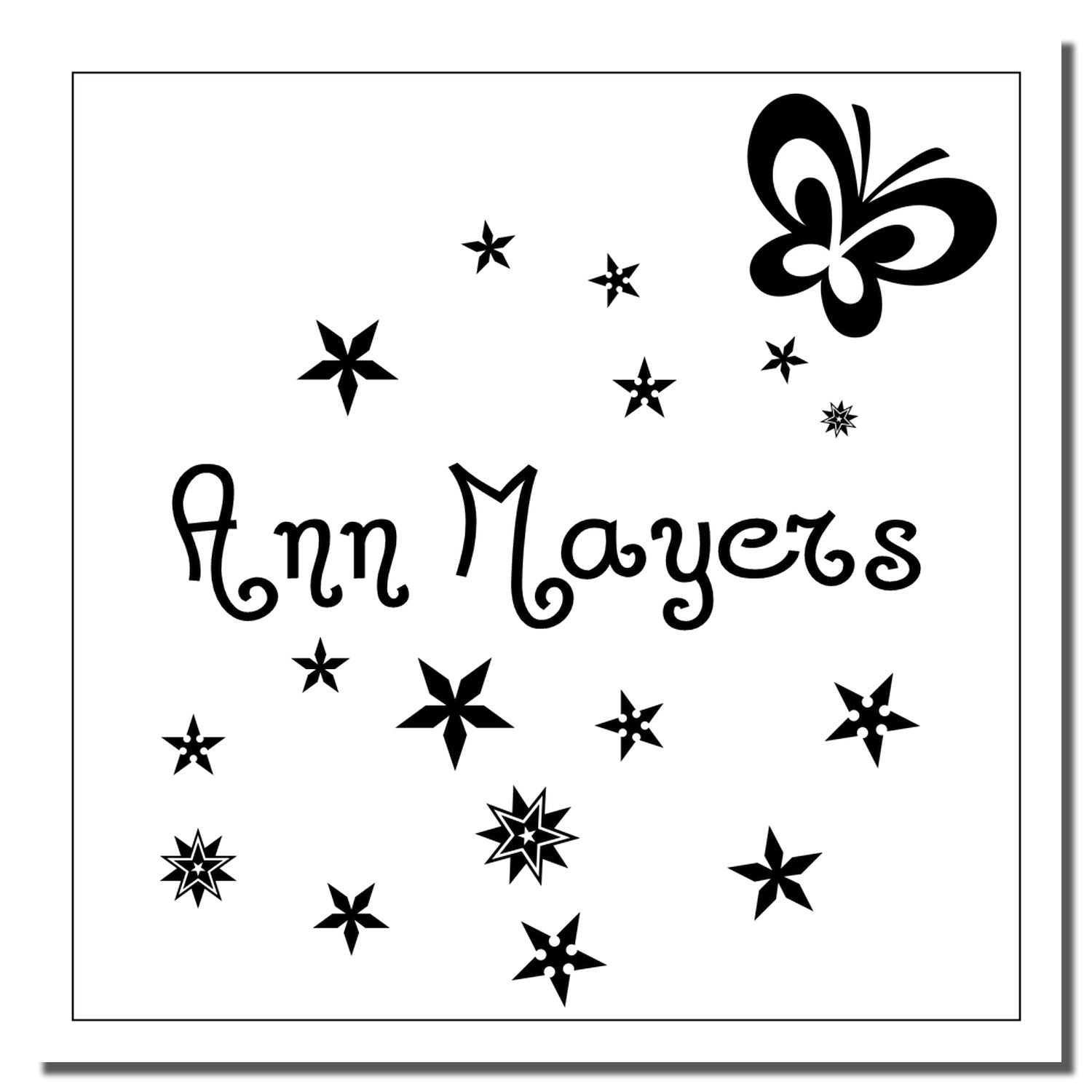 Custom rubber stamp design featuring Ann Mayers name with butterfly and star accents, ideal for personalized stationery and crafts