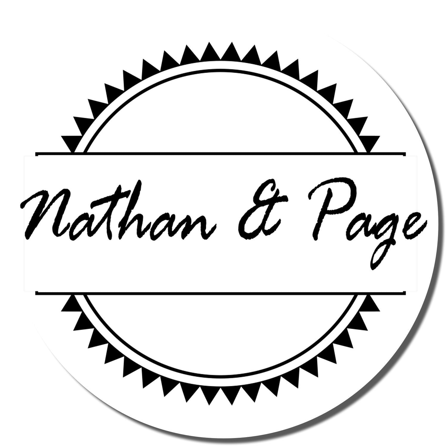 Custom rubber stamp design with circular sunburst border and script names Nathan & Page for personalized branding.