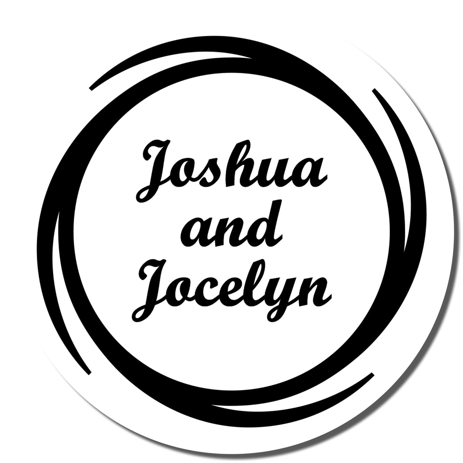 Custom circular rubber stamp with Joshua and Jocelyn names for wedding favors, envelopes, and personalized packaging.