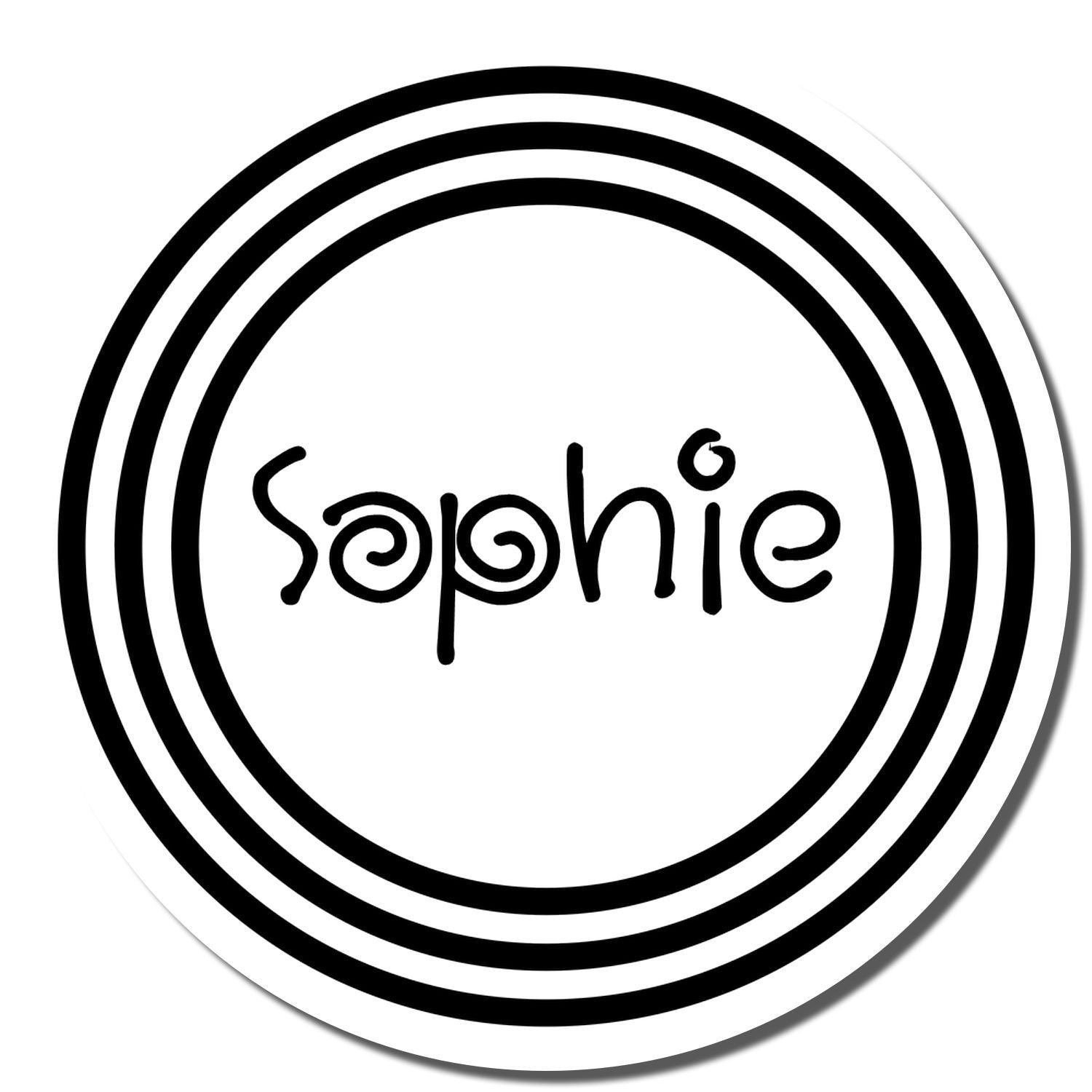 Custom Sophie rubber stamp design with concentric circle border and decorative script name for personalized stationery.