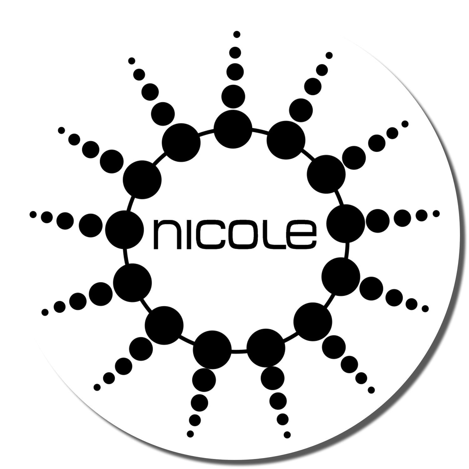Custom Nicole logo rubber stamp with black dot sunburst design for branding, packaging, and stationery.