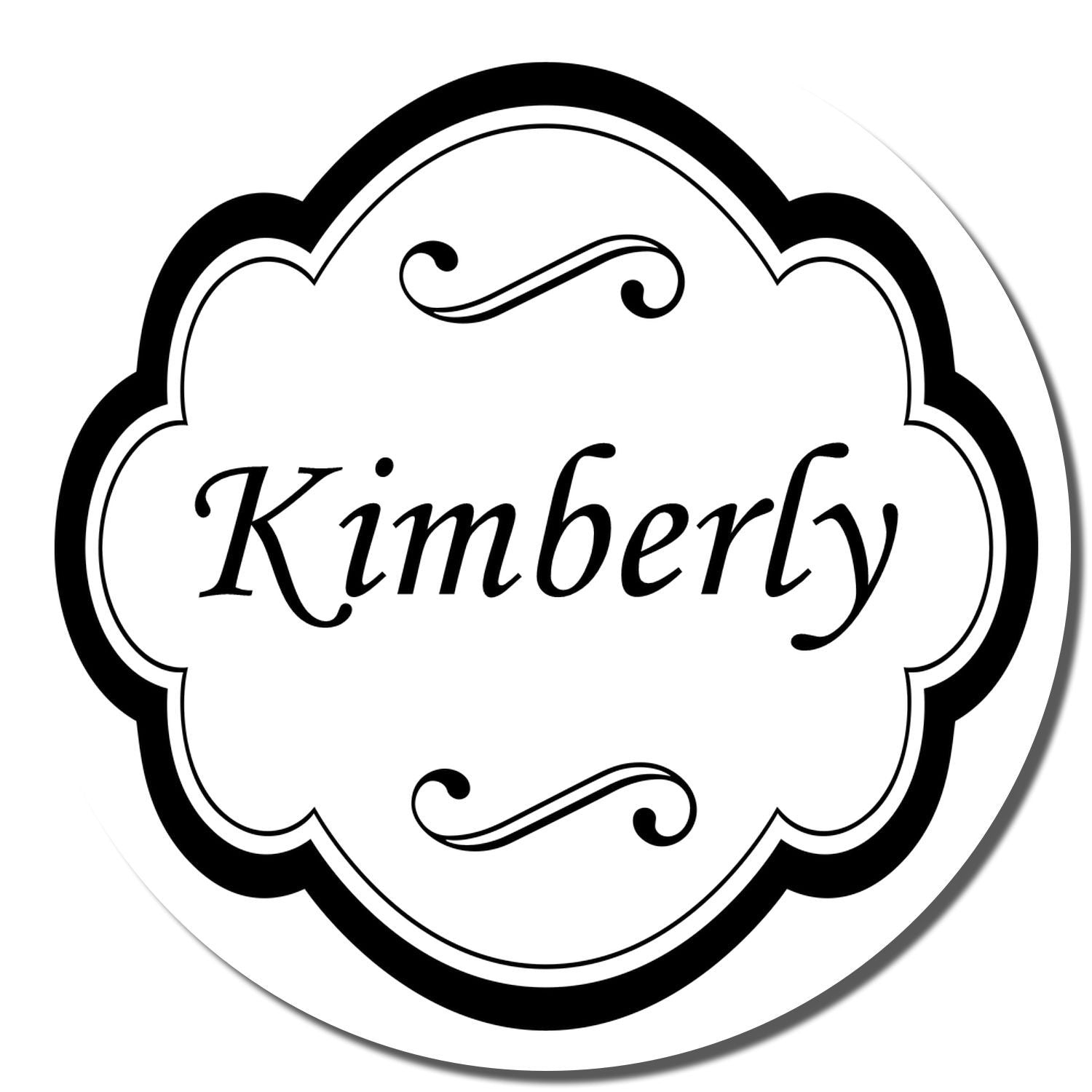 Personalized Kimberly rubber stamp design with ornate black scalloped border and script name