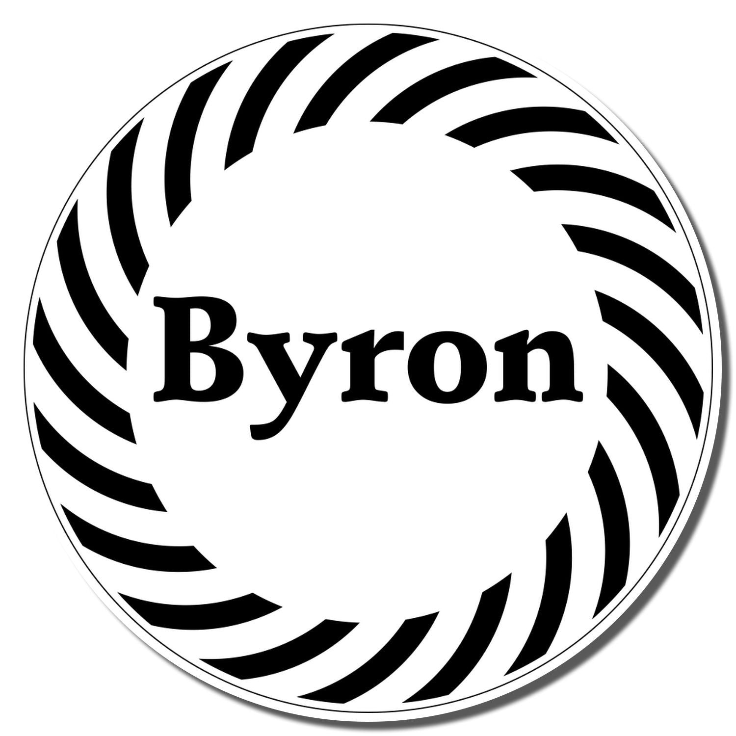 Custom Byron rubber stamp logo with circular black swirl border for business branding and labeling