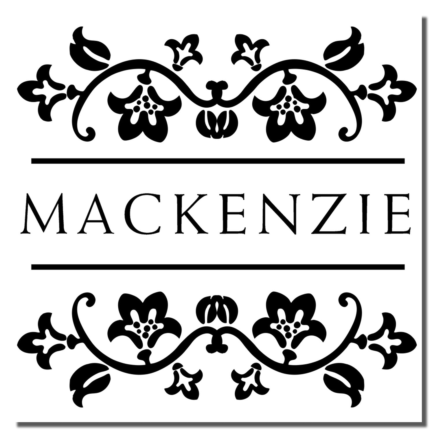 Personalized Mackenzie rubber stamp design with ornate floral monogram border, ideal for custom stationery and crafts.