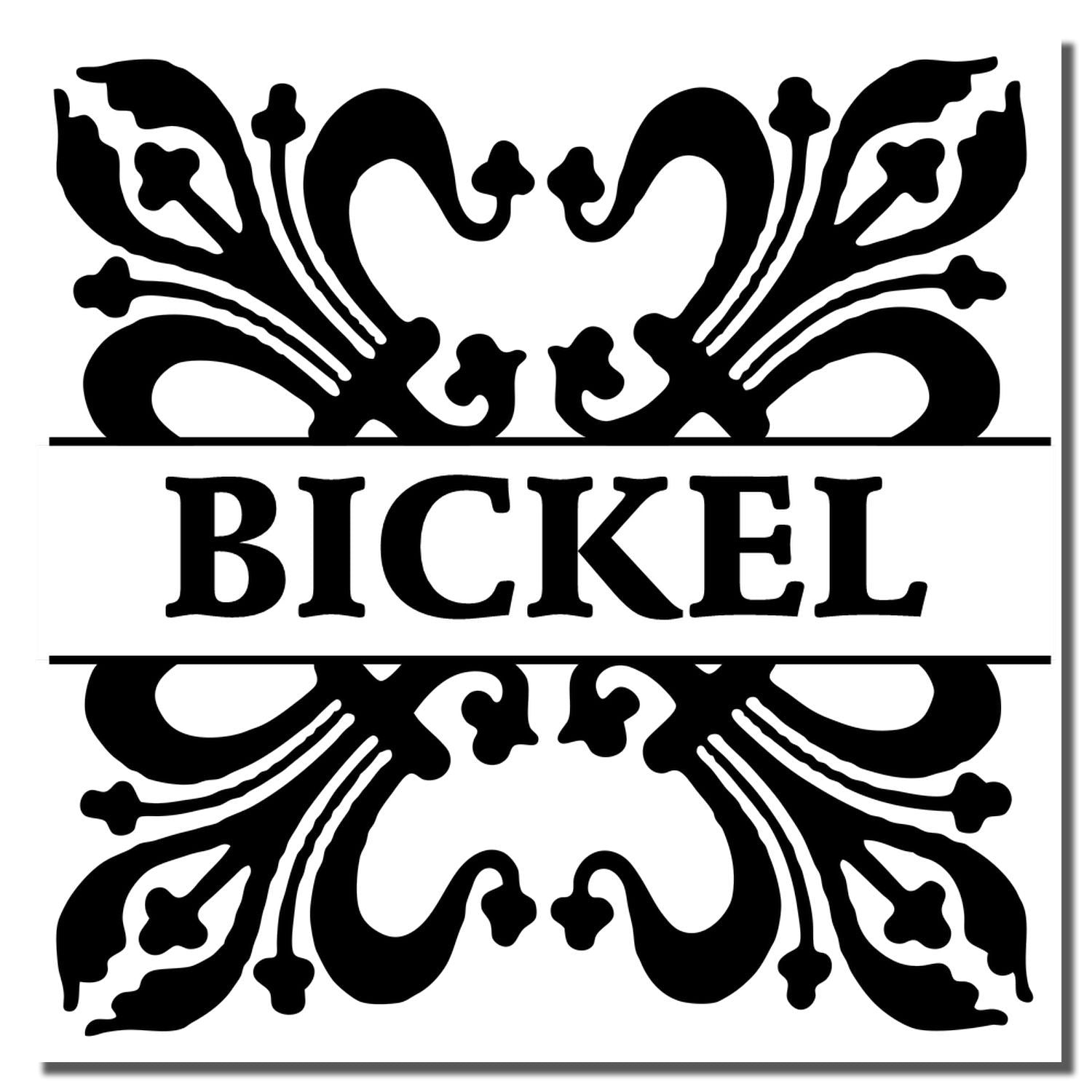 Vintage ornamental rubber stamp design with BICKEL name, decorative floral frame for custom branding.
