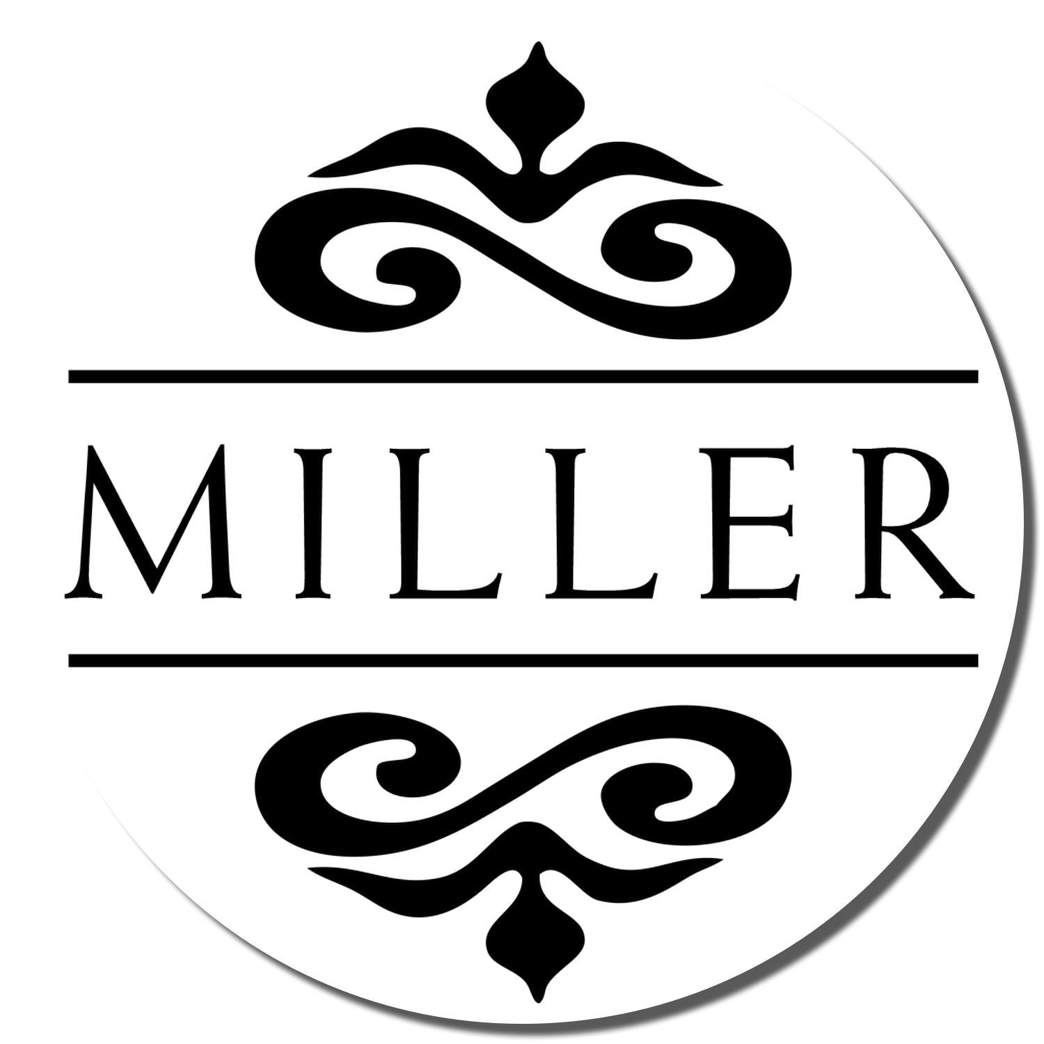 MILLER barber shop logo with ornate black scrollwork crest inside circular emblem, representing professional grooming services