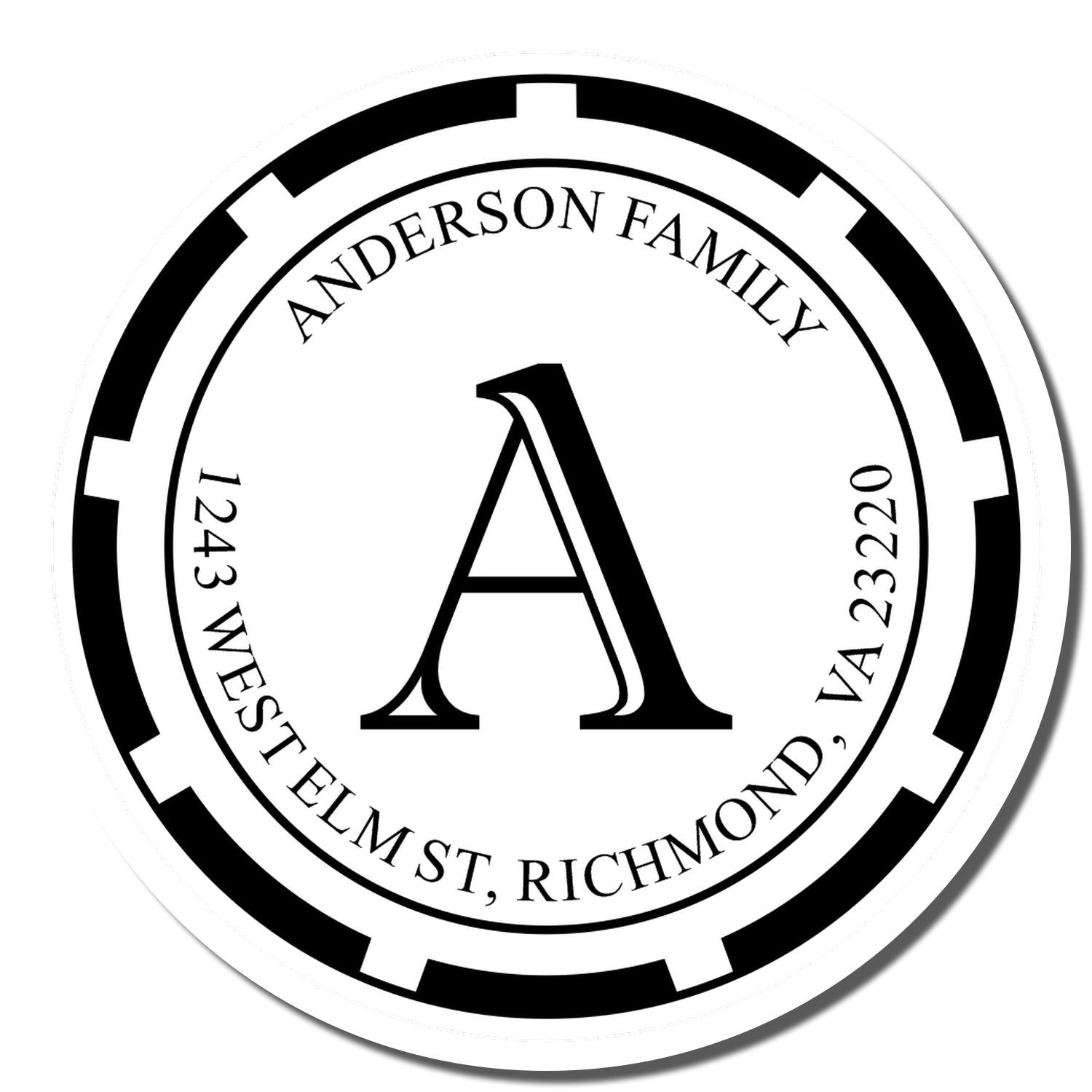 Custom Anderson family address rubber stamp with monogram A, 1243 West Elm St, Richmond, VA 23220.