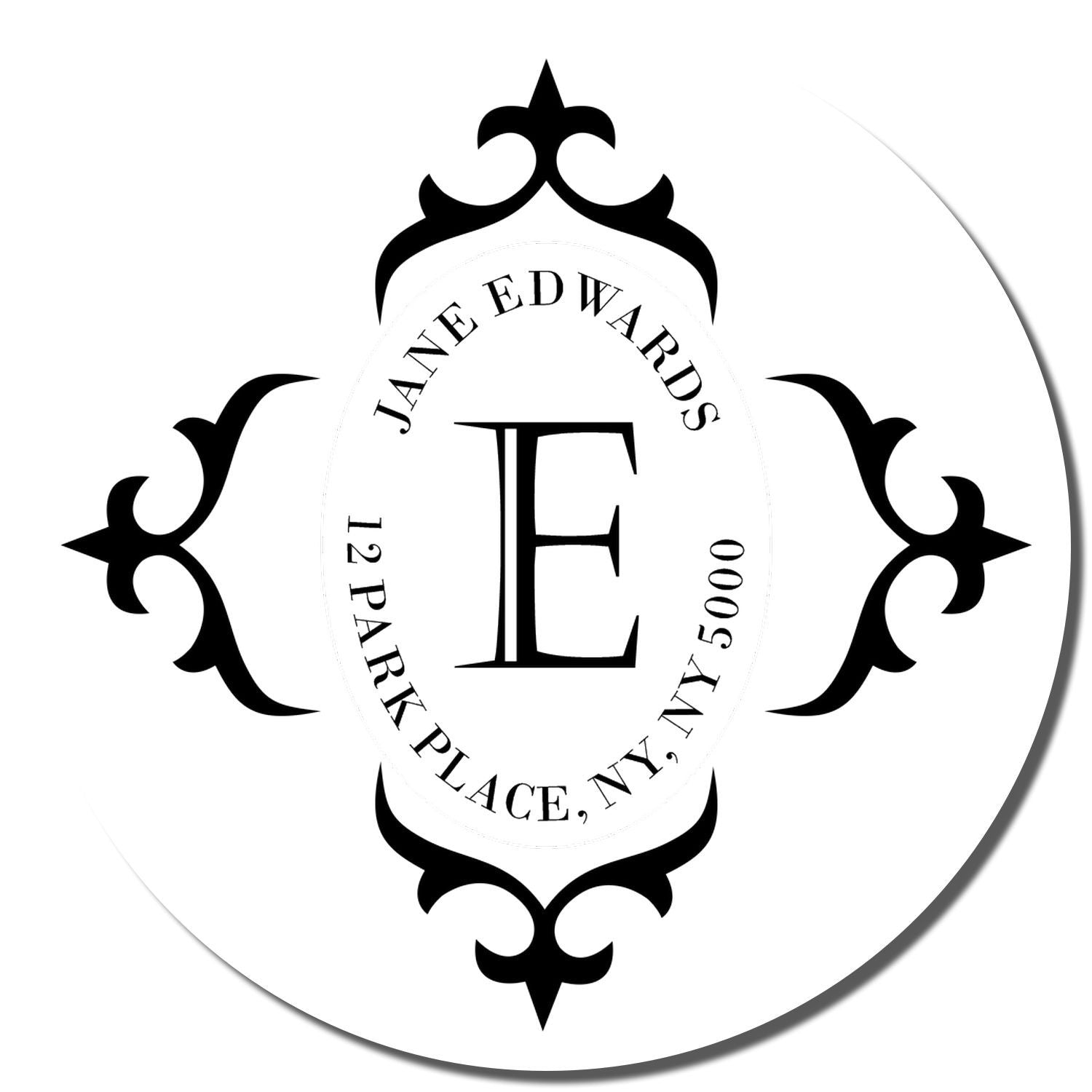 Personalized return address rubber stamp with Jane Edwards monogram and ornate oval flourish design.